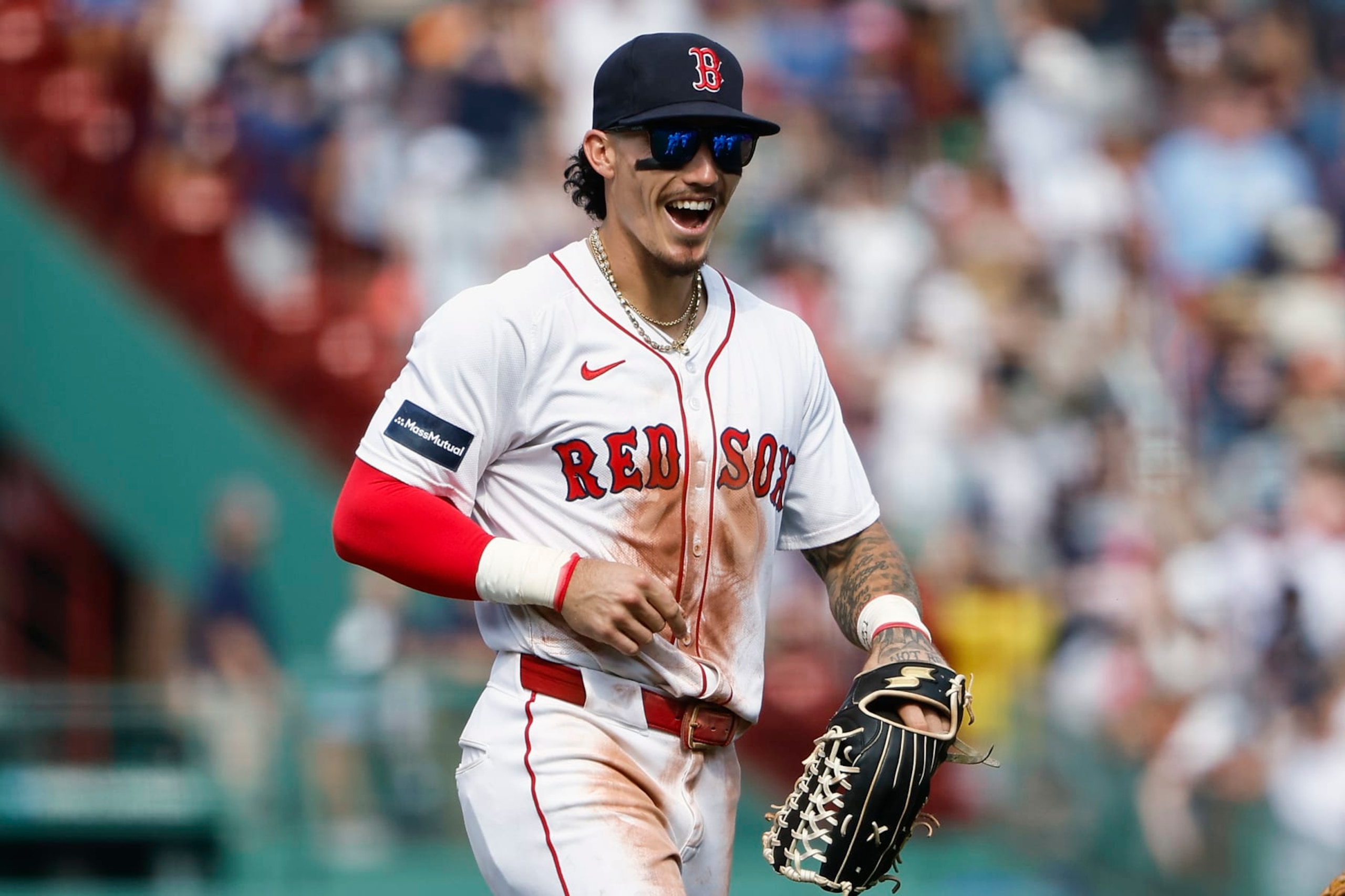 BOSTON, MA - JULY 14: Jarren Duran #16 of the Boston Red Sox smiles during the ninth inning against the Kansas City Royals at Fenway Park on July 14, 2024 in Boston, Massachusetts. (Photo By Winslow Townson/Getty Images)