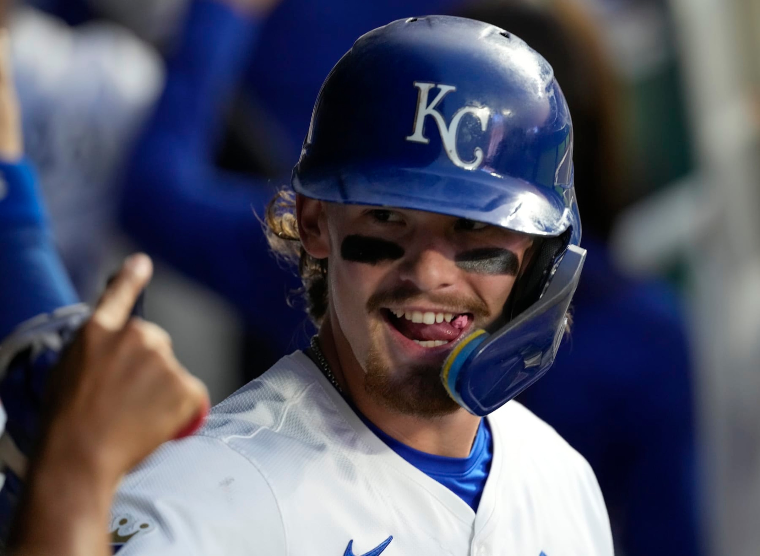 KANSAS CITY, MISSOURI - JULY 22: Bobby Witt Jr. #7 of the Kansas City Royals celebrates his three-run home run with teammates in the fourth inning against the Arizona Diamondbacks at Kauffman Stadium on July 22, 2024 in Kansas City, Missouri. (Photo by Ed Zurga/Getty Images)