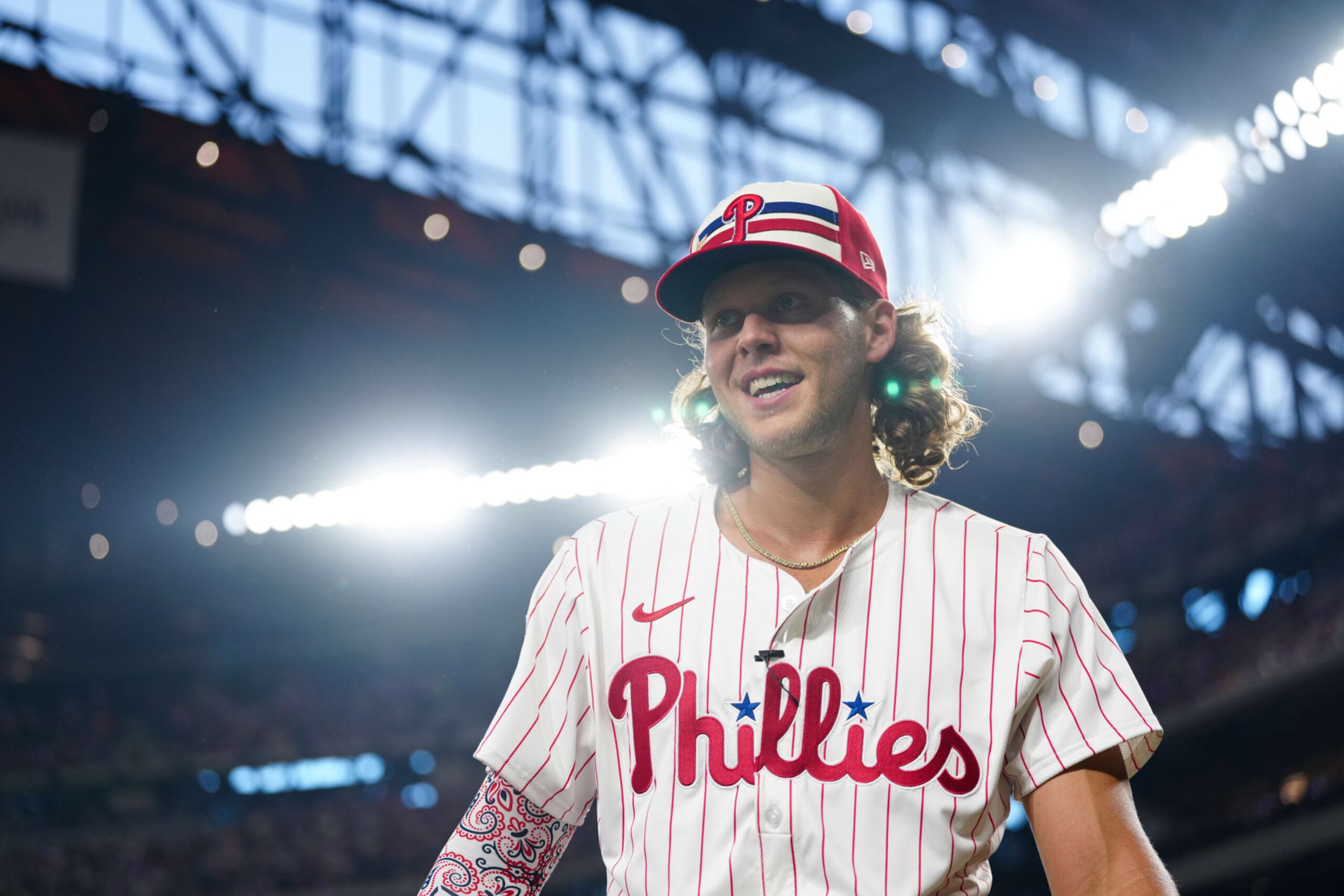 ARLINGTON, TX - JULY 15: Alec Bohm #28 of the Philadelphia Phillies looks on during the 2024 T-Mobile Home Run Derby at Globe Life Field on Monday, July 15, 2024 in Arlington, Texas. (Photo by Daniel Shirey/MLB Photos via Getty Images)
