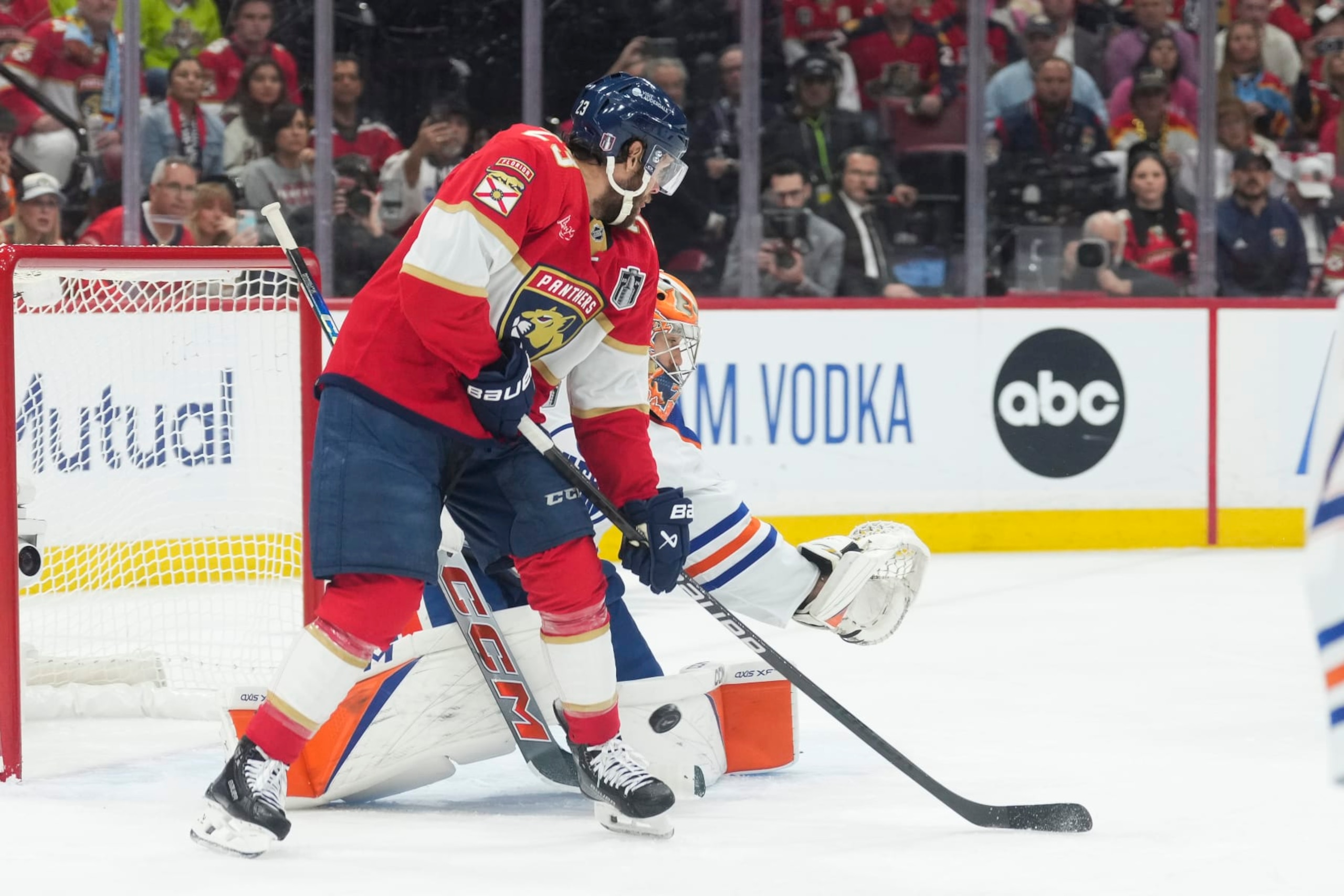 SUNRISE, FL - JUNE 24: Florida Panthers center Carter Verhaeghe (23) redirects the puck in for a goal int he first period during game seven of the Stanley Cup Finals between the Edmonton Oilers and the Florida Panthers on Monday, June 24, 2024  at Amerant Bank Arena in Sunrise, Fla. (Photo by Peter Joneleit/Icon Sportswire via Getty Images)