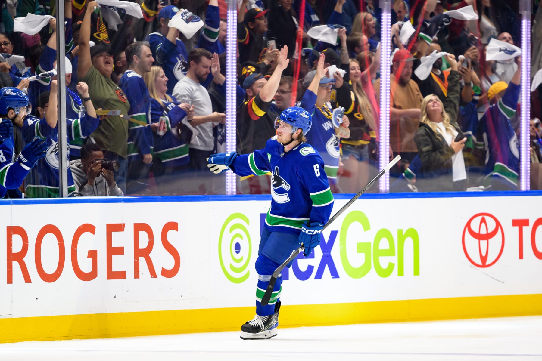 VANCOUVER, CANADA - MAY 10: Brock Boeser #6 of the Vancouver Canucks celebrates after scoring a goal on Stuart Skinner #74 of the Edmonton Oilers during the second period in Game Two of the Second Round of the 2024 Stanley Cup Playoffs at Rogers Arena on May 10, 2024 in Vancouver, British Columbia, Canada. (Photo by Derek Cain/Getty Images)