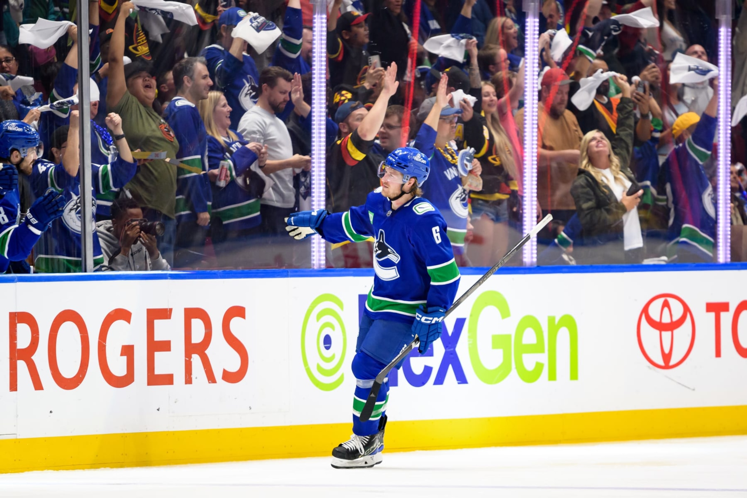 VANCOUVER, CANADA - MAY 10: Brock Boeser #6 of the Vancouver Canucks celebrates after scoring a goal on Stuart Skinner #74 of the Edmonton Oilers during the second period in Game Two of the Second Round of the 2024 Stanley Cup Playoffs at Rogers Arena on May 10, 2024 in Vancouver, British Columbia, Canada. (Photo by Derek Cain/Getty Images)