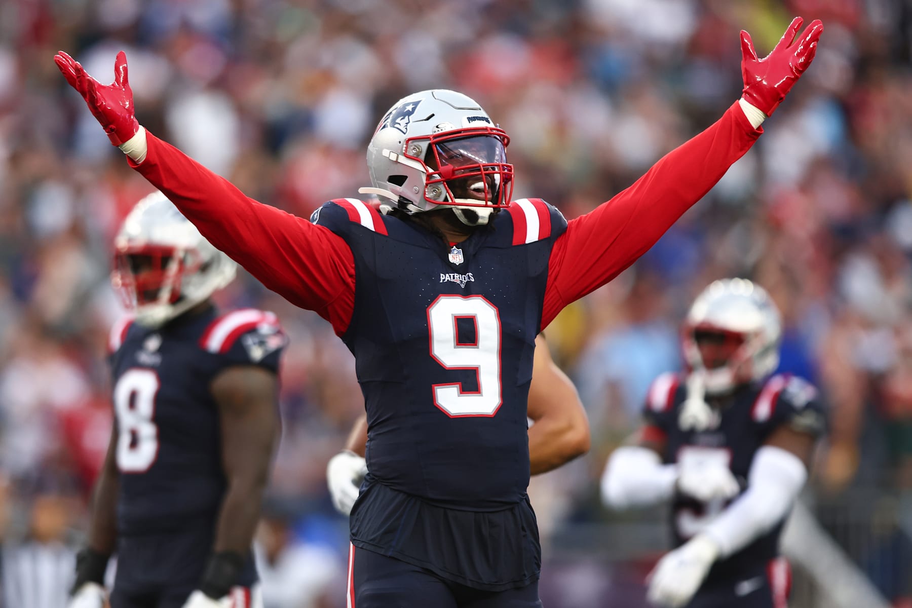 FOXBOROUGH, MA - SEPTEMBER 10: Matthew Judon #9 of the New England Patriots celebrates after a play during the third quarter of an NFL football game against the Philadelphia Eagles at Gillette Stadium on September 10, 2023 in Foxborough, Massachusetts. (Photo by Kevin Sabitus/Getty Images)
