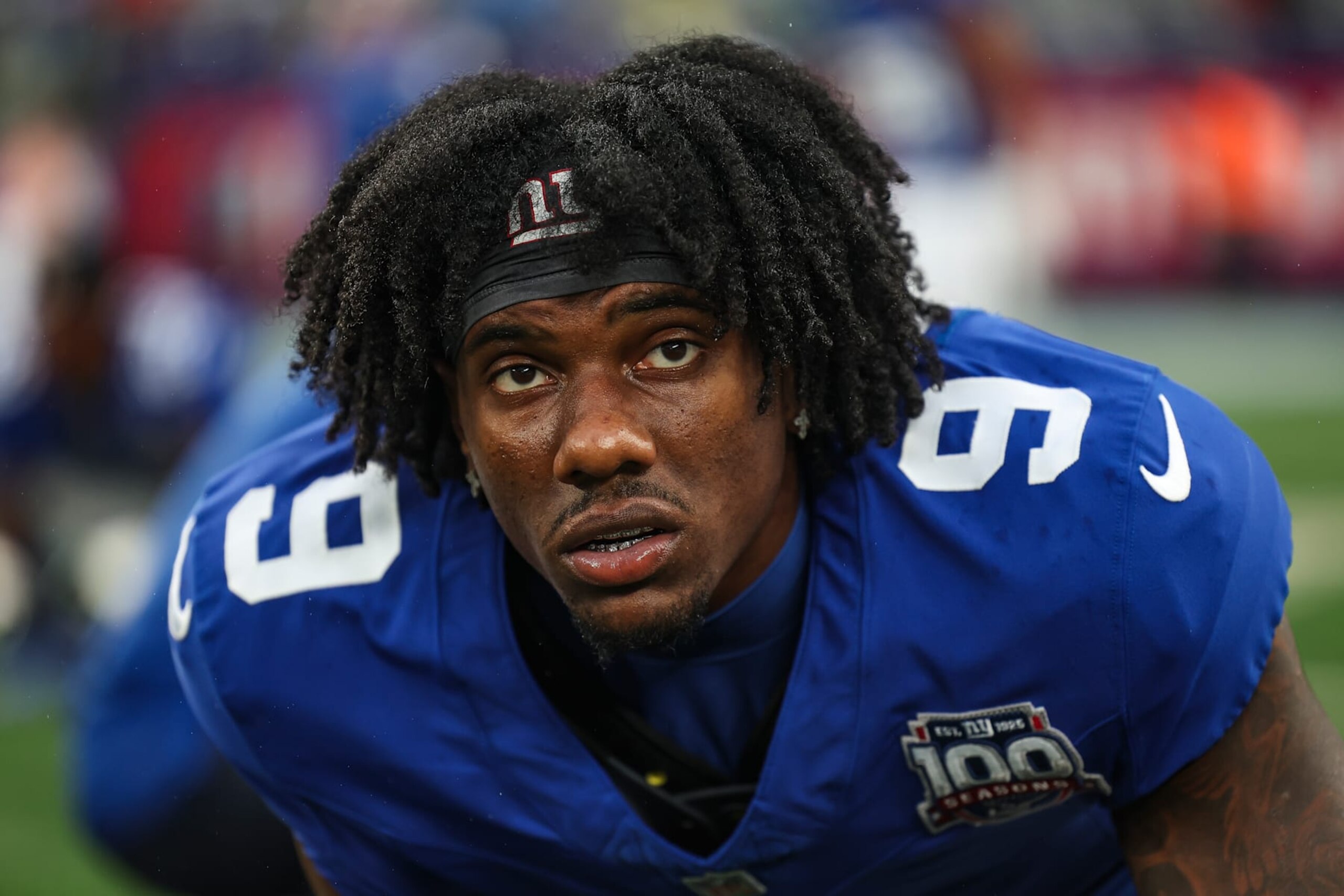 EAST RUTHERFORD, NJ - AUGUST 08: Malik Nabers #9 of the New York Giants warms up prior to an NFL football game against the Detroit Lions at MetLife Stadium on August 8, 2024 in East Rutherford, NJ. (Photo by Perry Knotts/Getty Images)