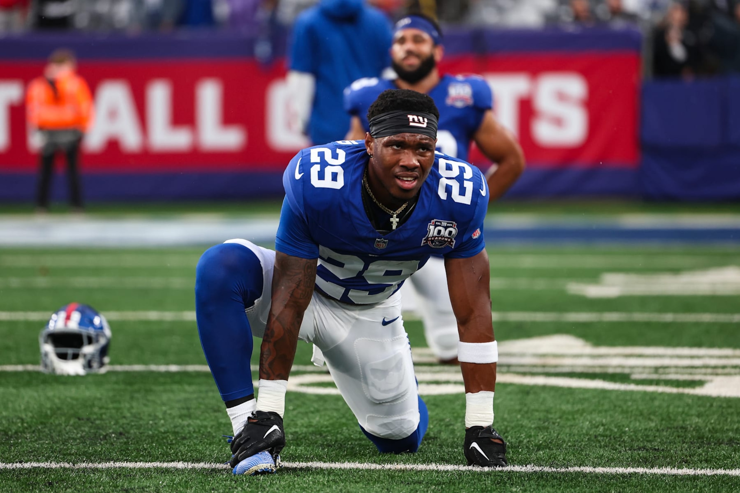 EAST RUTHERFORD, NJ - AUGUST 08: Tyrone Tracy Jr. #29 of the New York Giants warms up prior to an NFL football game against the Detroit Lions at MetLife Stadium on August 8, 2024 in East Rutherford, NJ. (Photo by Perry Knotts/Getty Images)