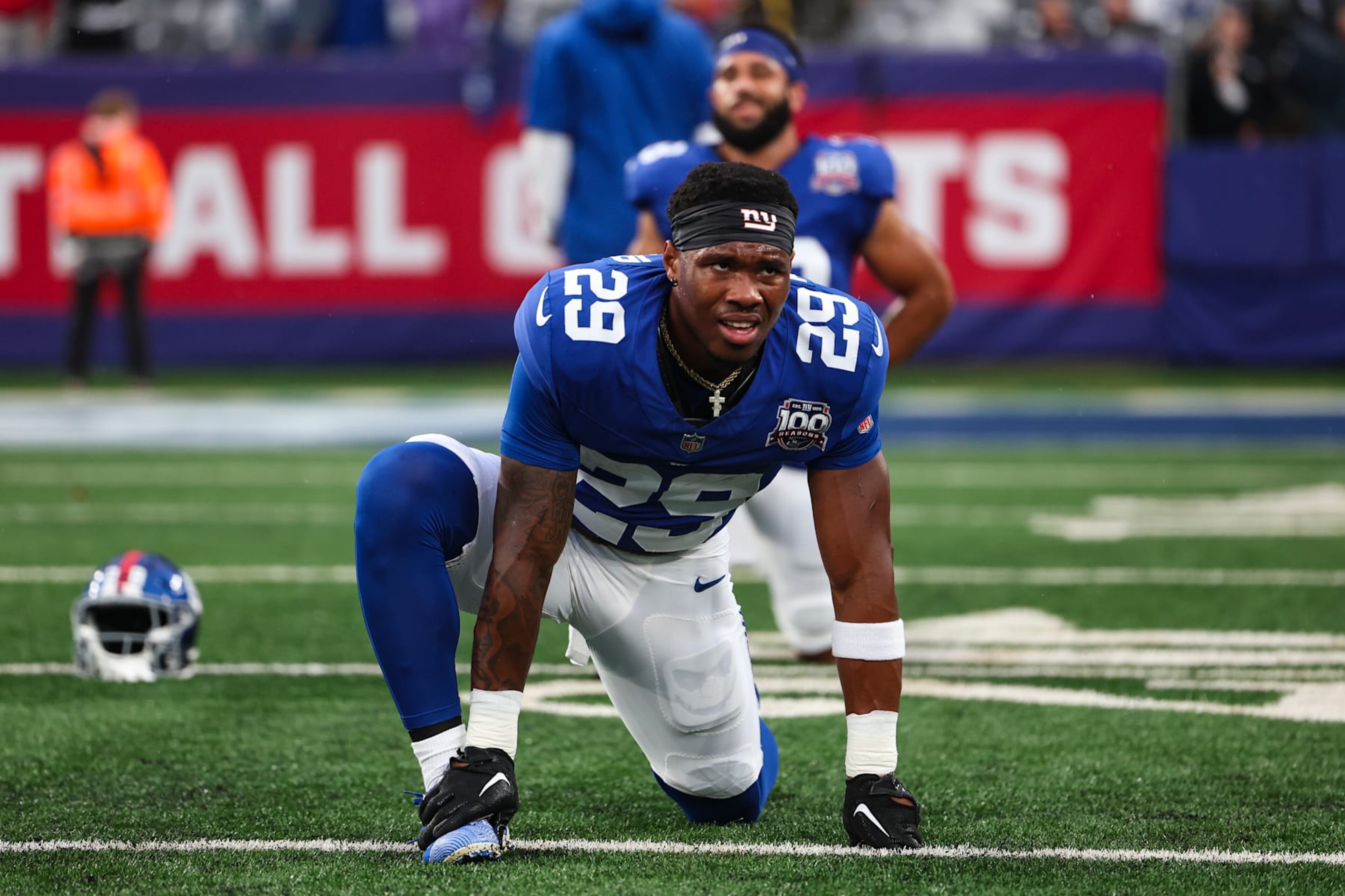 EAST RUTHERFORD, NJ - AUGUST 08: Tyrone Tracy Jr. #29 of the New York Giants warms up prior to an NFL football game against the Detroit Lions at MetLife Stadium on August 8, 2024 in East Rutherford, NJ. (Photo by Perry Knotts/Getty Images)