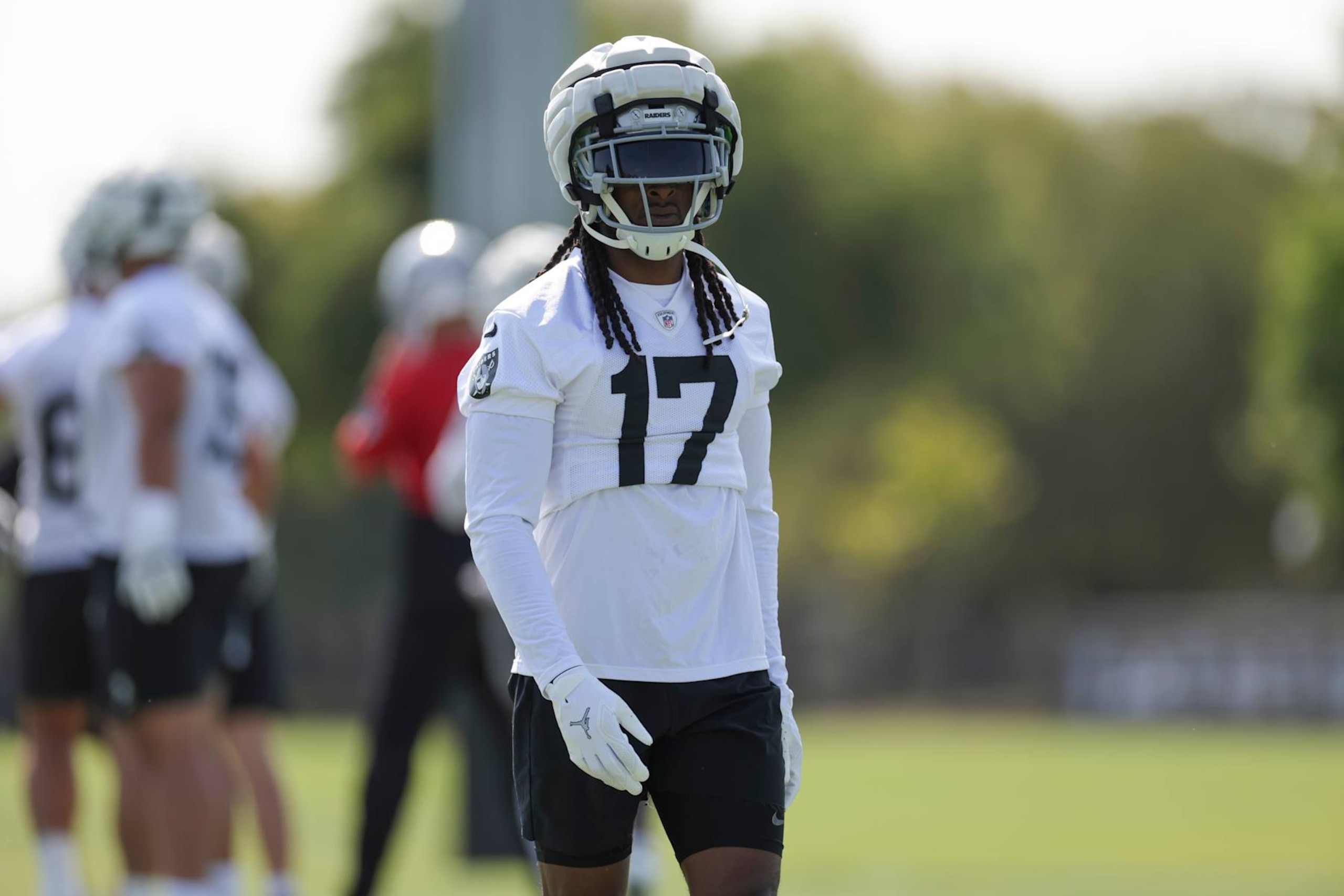 COSTA MESA, CA - JULY 24: Las Vegas Raiders wide receiver Davante Adams #17 participates in a drill during the team's training camp at Jack Hammett Sports Complex on July 24, 2024 in Costa Mesa, CA. (Photo by Brandon Sloter/Icon Sportswire via Getty Images)