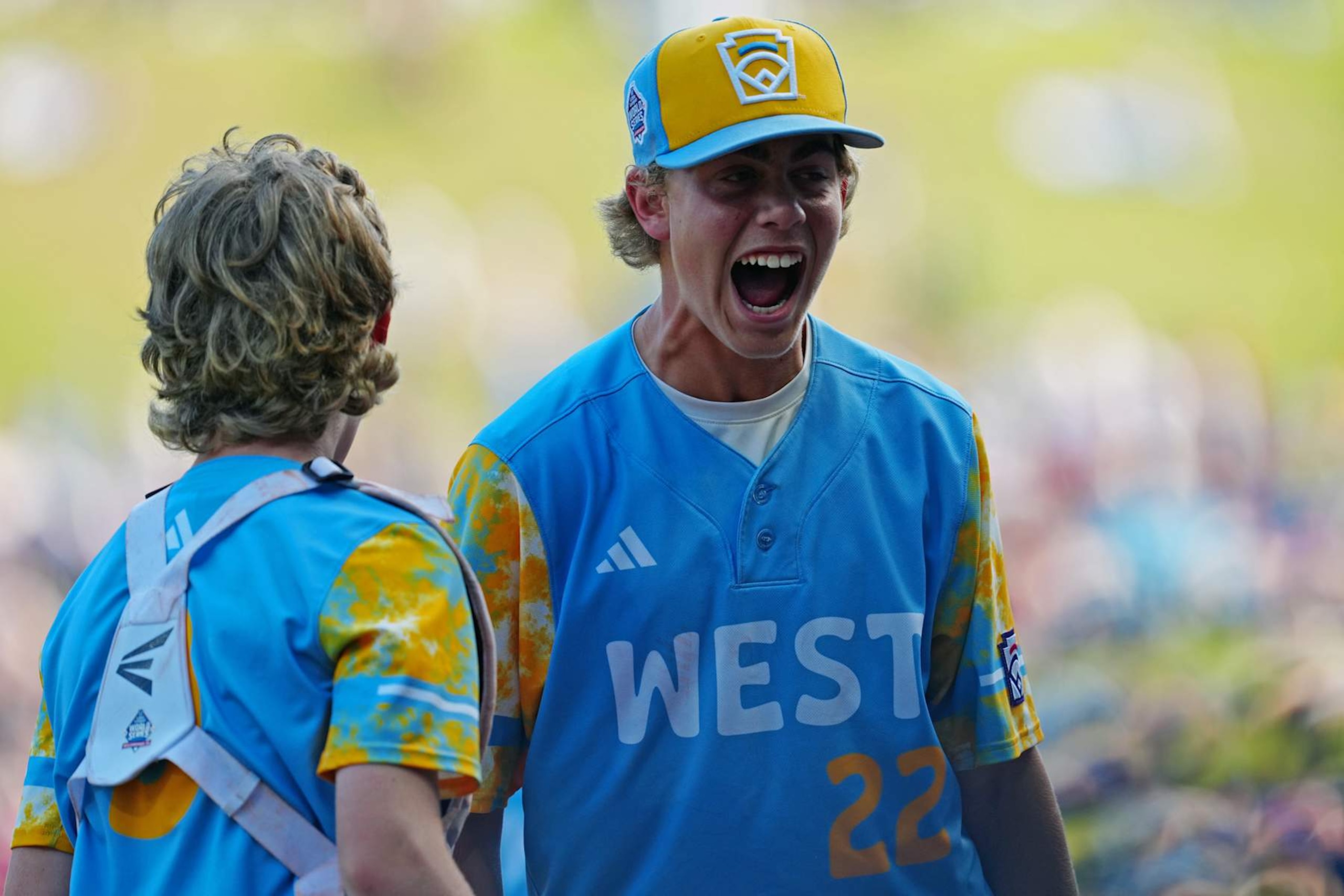WILLIAMSPORT, PA - AUGUST 27:  Jaxon Kalish #22 of the West Region team from El Segundo, California reacts during the Little League World Series Championship Game against the Caribbean Region team from Willemstad, Curacao at Little League World Series Complex on Sunday, August 27, 2023 in Williamsport, Pennsylvania. (Photo by Joe Faraoni/MLB Photos via Getty Images)
