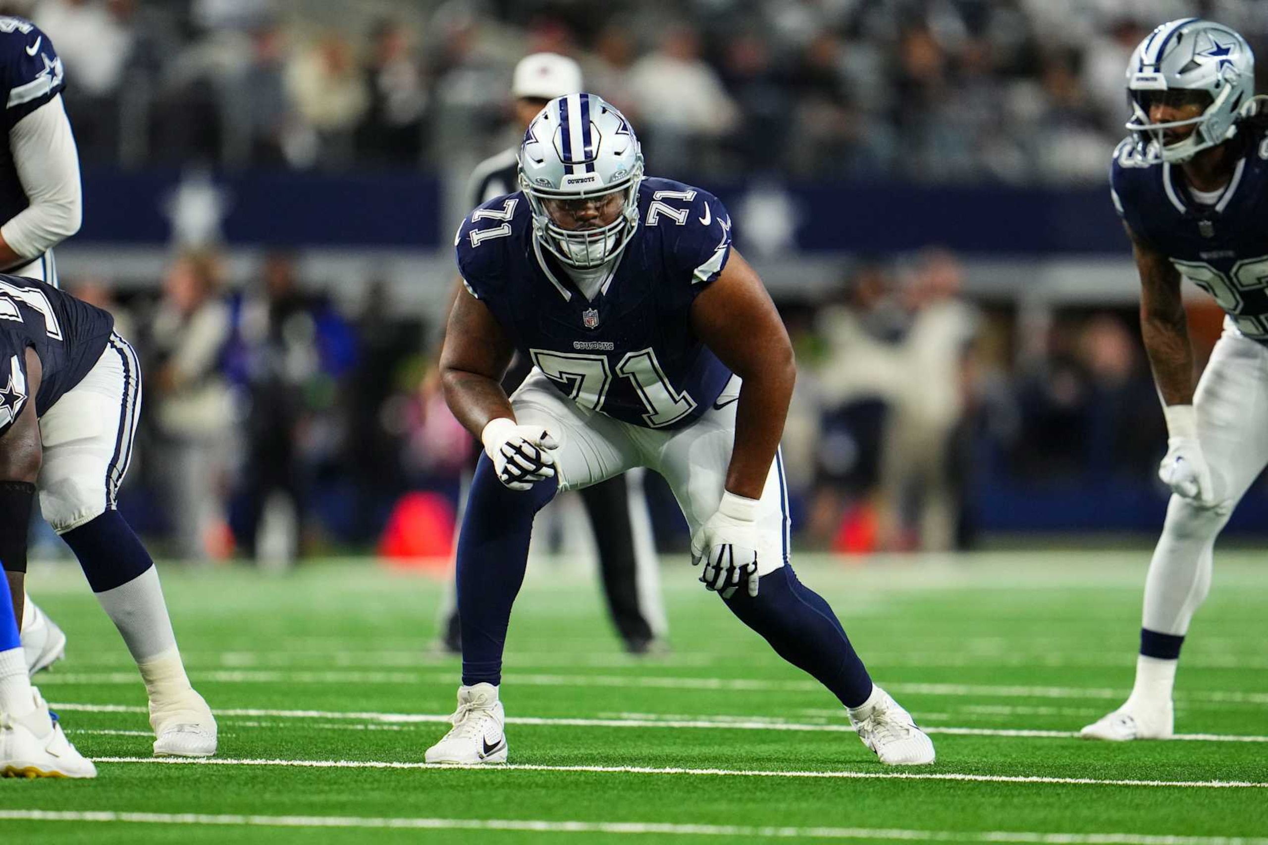 ARLINGTON, TX - OCTOBER 29: Chuma Edoga #71 of the Dallas Cowboys lines up during an NFL game against the Los Angeles Rams at AT&T Stadium on October 29, 2023 in Arlington, Texas. (Photo by Cooper Neill/Getty Images)