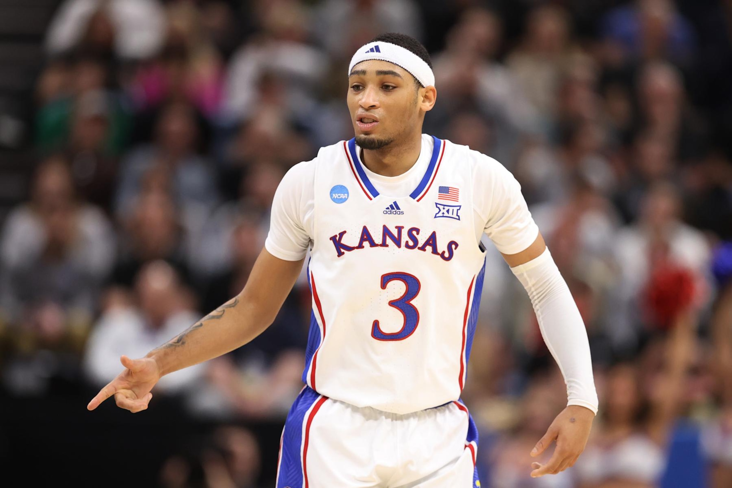 SALT LAKE CITY, UTAH - MARCH 23: Dajuan Harris Jr. #3 of the Kansas Jayhawks reacts during the first half against the Gonzaga Bulldogs in the second round of the NCAA Men's Basketball Tournament at Delta Center on March 23, 2024 in Salt Lake City, Utah. (Photo by Christian Petersen/Getty Images) SALT LAKE CITY, UTAH - MARCH 23: Dajuan Harris Jr. #3 of the Kansas Jayhawks reacts during the first half against the Gonzaga Bulldogs in the second round of the NCAA Men's Basketball Tournament at Delta Center on March 23, 2024 in Salt Lake City, Utah. (Photo by Christian Petersen/Getty Images)