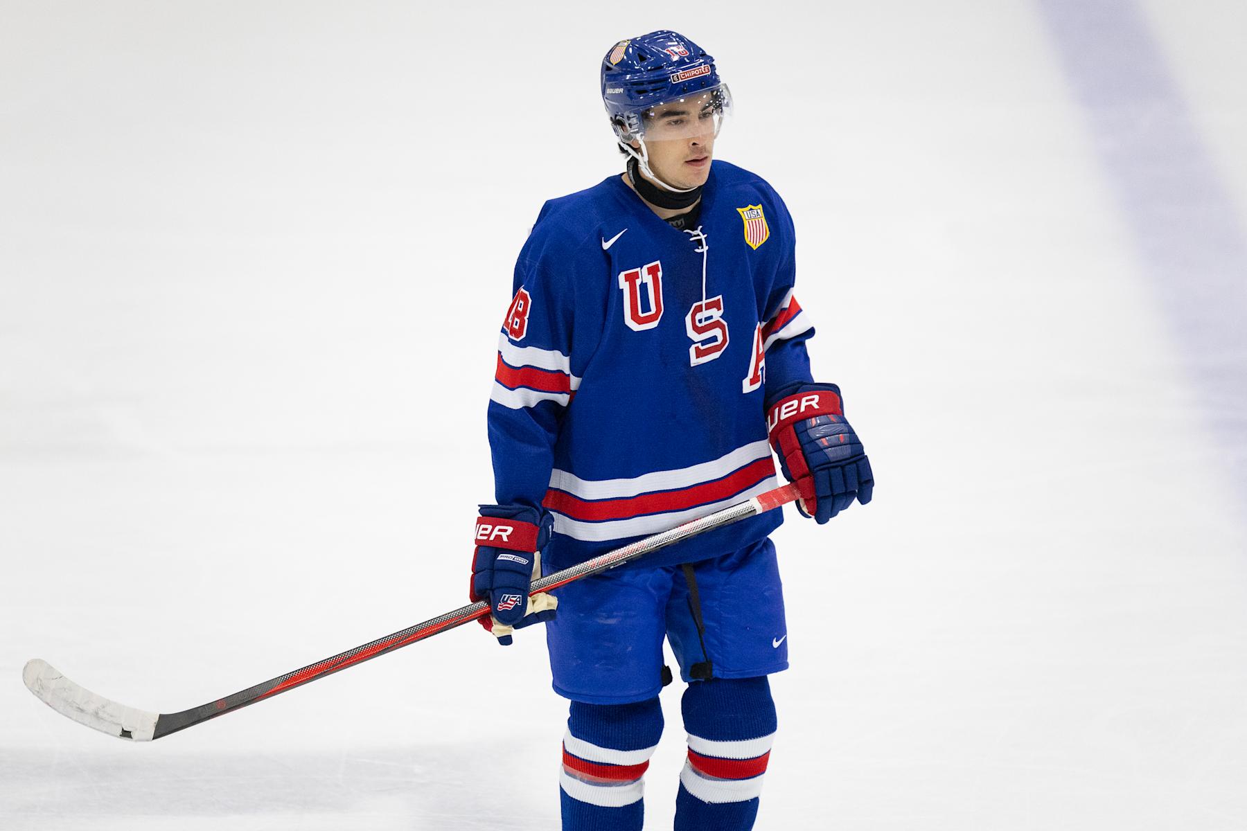 PLYMOUTH, MI - AUGUST 2: Logan Hensler #18 of Team USA skates to the bench during the 2024 World Junior Summer Showcase between Sweden and USA at USA Hockey Arena on August 2, 2024 in Plymouth, Michigan. (Photo by Michael Miller/ISI Photos/Getty Images)