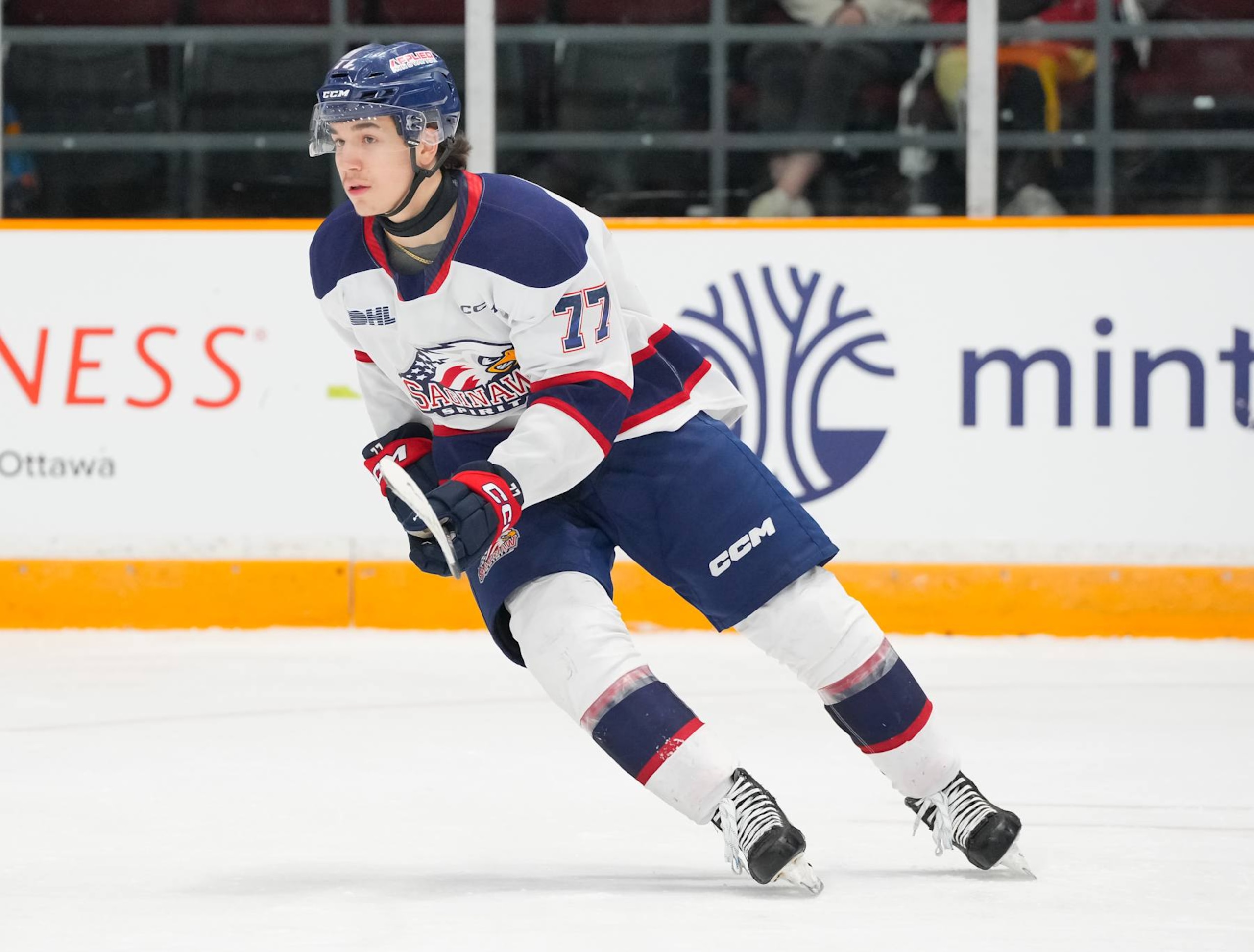 OTTAWA, CANADA - JANUARY 19: Michael Misa #77 of the Saginaw Spirit skates against the Ottawa 67's at The Arena at TD Place on January 19, 2024 in Ottawa, Ontario, Canada. (Photo by Chris Tanouye/Getty Images) OTTAWA, CANADA - JANUARY 19: Michael Misa #77 of the Saginaw Spirit skates against the Ottawa 67's at The Arena at TD Place on January 19, 2024 in Ottawa, Ontario, Canada. (Photo by Chris Tanouye/Getty Images)