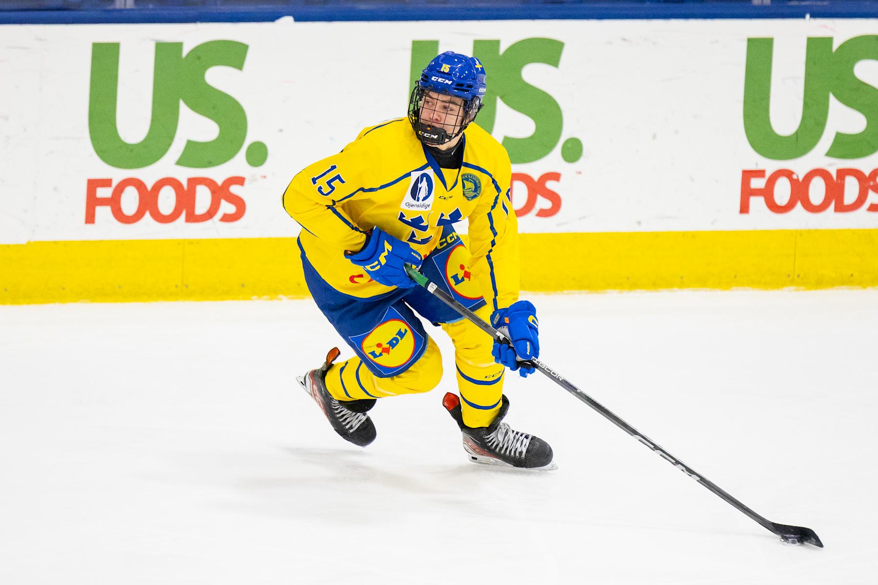 PLYMOUTH, MI - FEBRUARY 7: Anton Frondell #15 of Team Sweden skates with the puck during U18 Five Nations Tournament between Team Czechia and Team Sweden at USA Hockey Arena on February 7, 2024 in Plymouth, Michigan. (Photo by Michael Miller/ISI Photos/Getty Images)
