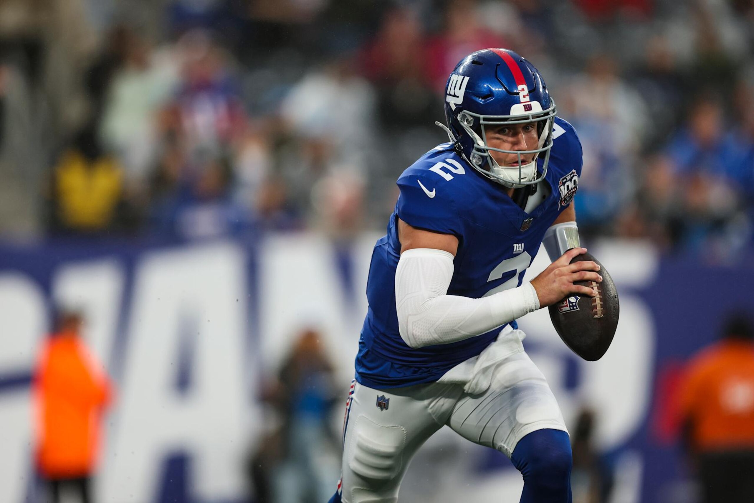 EAST RUTHERFORD, NJ - AUGUST 08: Drew Lock #2 of the New York Giants scrambles out of the pocket during an NFL football game against the Detroit Lions at MetLife Stadium on August 8, 2024 in East Rutherford, NJ. (Photo by Perry Knotts/Getty Images)