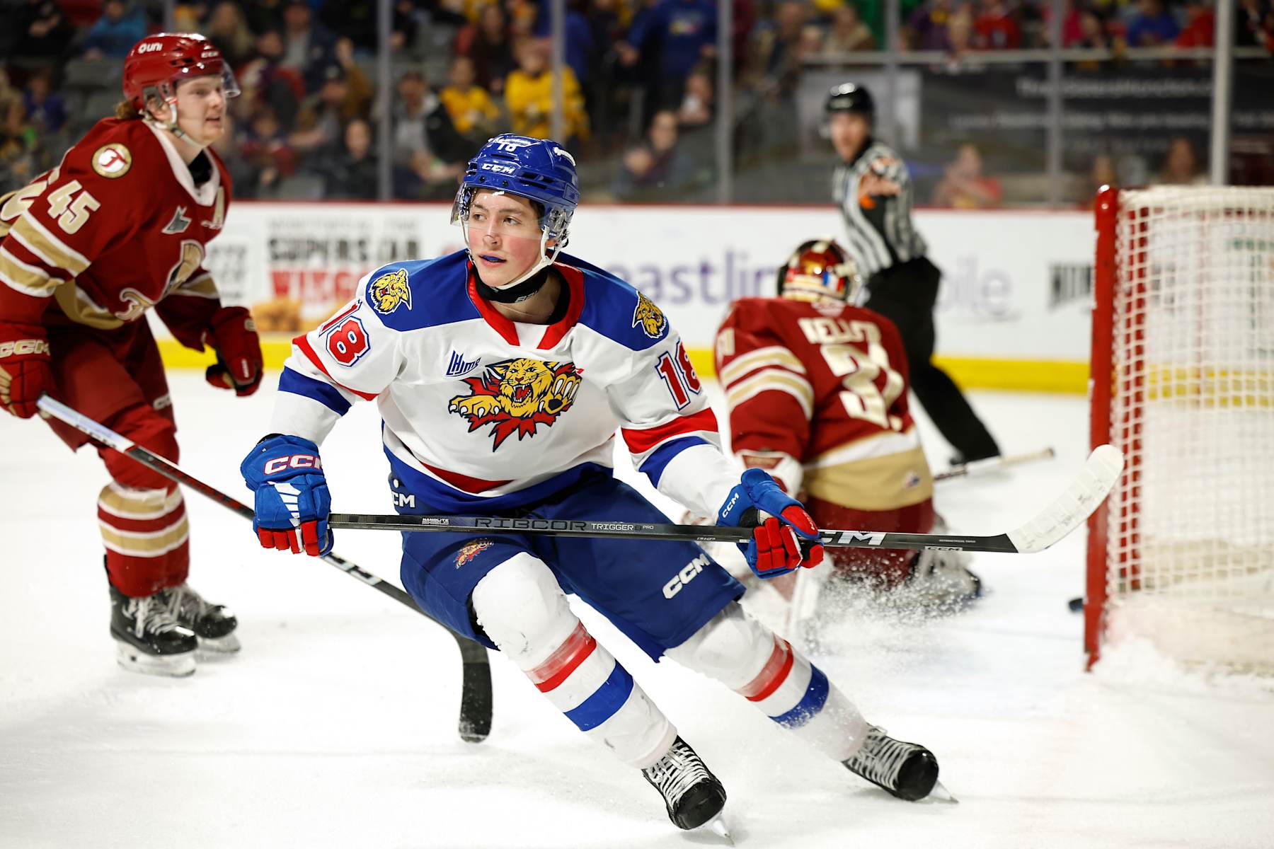 MONCTON, CANADA - MARCH 23:Caleb Desnoyers #18 of the the Moncton Wildcats scores a goal on Antoine Keller #31 of the Acadie-Bathurst Titan during the second period at Avenir Centre on March 23, 2024 in Moncton, Canada. (Photo by Dale Preston/Getty Images)