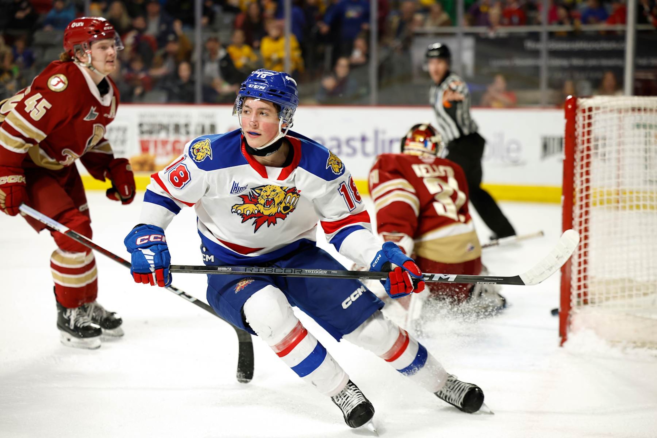 MONCTON, CANADA - MARCH 23:Caleb Desnoyers #18 of the the Moncton Wildcats scores a goal on Antoine Keller #31 of the Acadie-Bathurst Titan during the second period at Avenir Centre on March 23, 2024 in Moncton, Canada. (Photo by Dale Preston/Getty Images) MONCTON, CANADA - MARCH 23:Caleb Desnoyers #18 of the the Moncton Wildcats scores a goal on Antoine Keller #31 of the Acadie-Bathurst Titan during the second period at Avenir Centre on March 23, 2024 in Moncton, Canada. (Photo by Dale Preston/Getty Images)