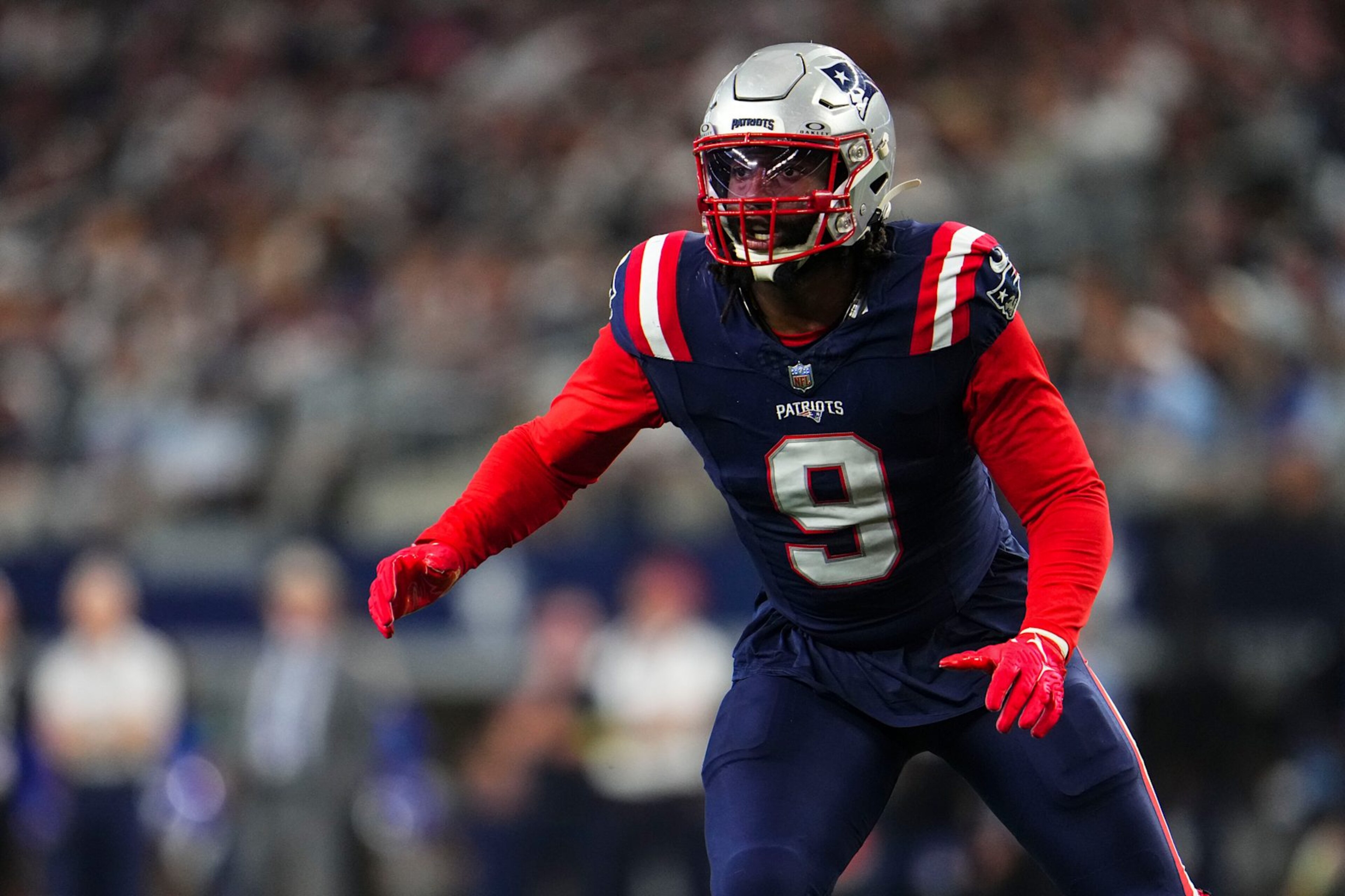ARLINGTON, TX - OCTOBER 01: Matthew Judon #9 of the New England Patriots defends in coverage at AT&T Stadium on October 1, 2023 in Arlington, Texas. (Photo by Cooper Neill/Getty Images) ARLINGTON, TX - OCTOBER 01: Matthew Judon #9 of the New England Patriots defends in coverage at AT&T Stadium on October 1, 2023 in Arlington, Texas. (Photo by Cooper Neill/Getty Images)