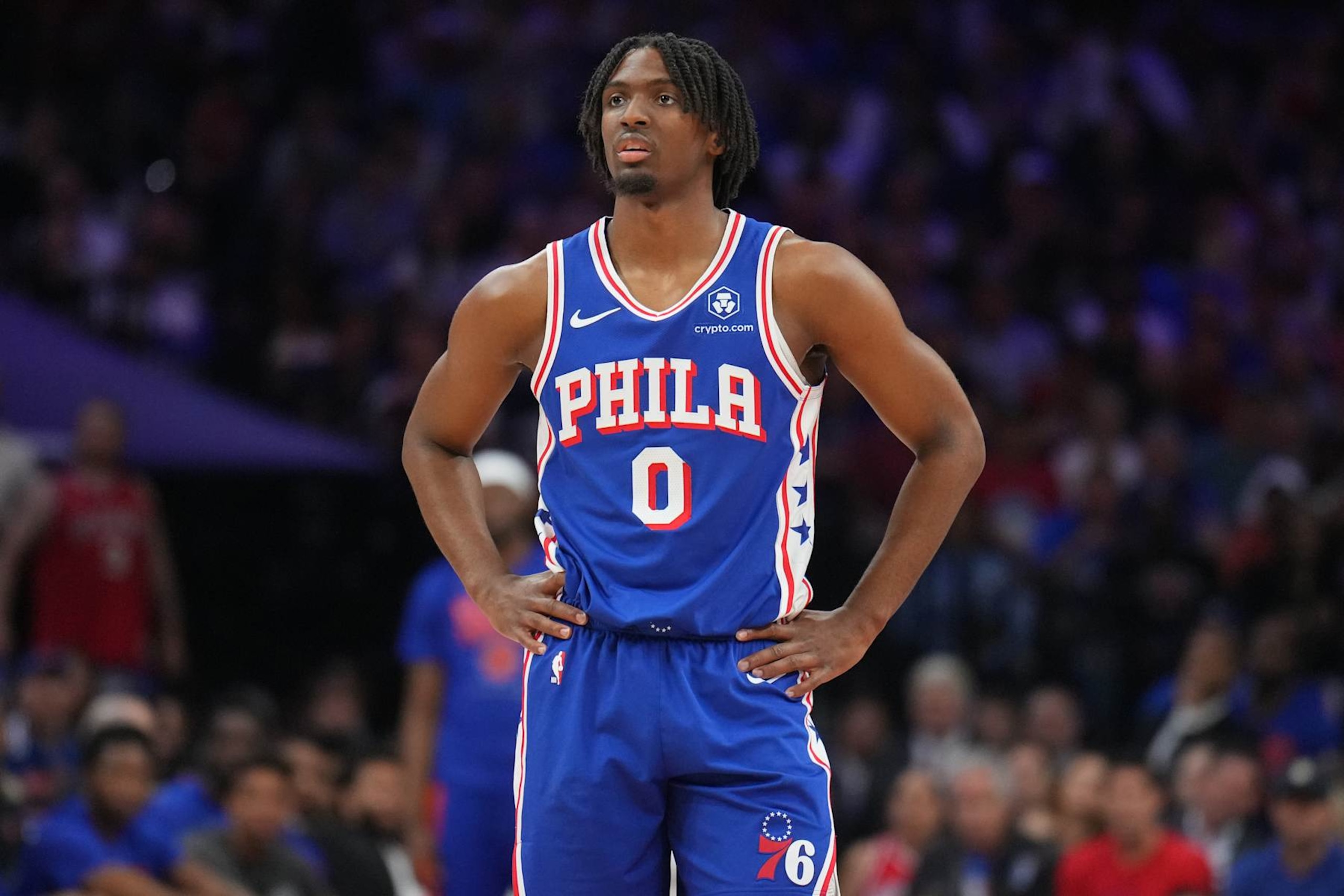 PHILADELPHIA, PA - MAY 2: Tyrese Maxey #0 of the Philadelphia 76ers looks on during the game against the New York Knicks during Round 1 Game 6 of the 2024 NBA Playoffs on May 2, 2024 at the Wells Fargo Center in Philadelphia, Pennsylvania NOTE TO USER: User expressly acknowledges and agrees that, by downloading and/or using this Photograph, user is consenting to the terms and conditions of the Getty Images License Agreement. Mandatory Copyright Notice: Copyright 2024 NBAE (Photo by Jesse D. Garrabrant/NBAE via Getty Images)