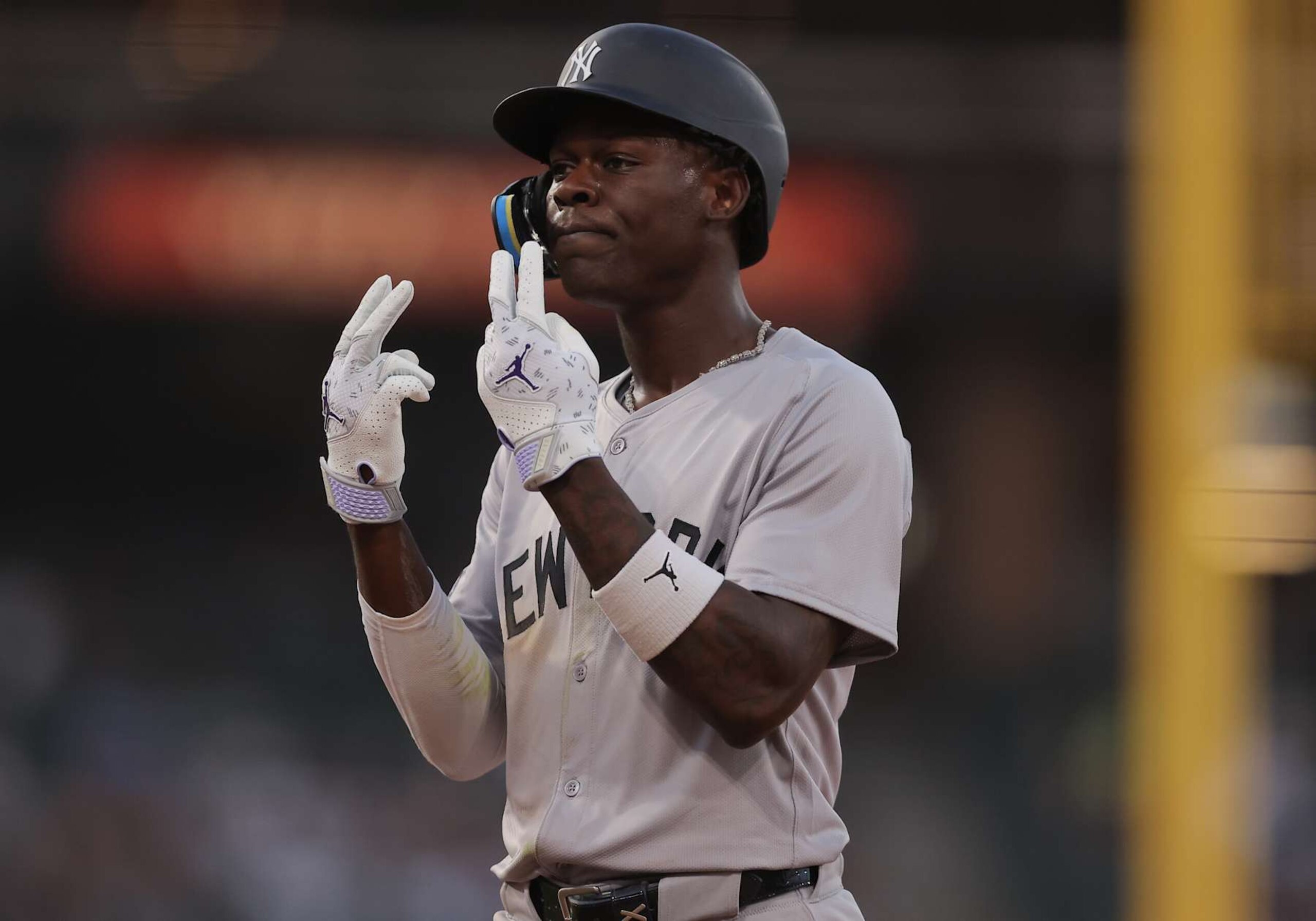 CHICAGO, IL - AUGUST 12: Jazz Chisholm Jr. #13 of the New York Yankees reacts after hitting a single during the second inning of a baseball game against the Chicago White Sox on August 12, 2024 at Guaranteed Rate Field in Chicago,Illinois. (Photo by Melissa Tamez/Icon Sportswire via Getty Images)