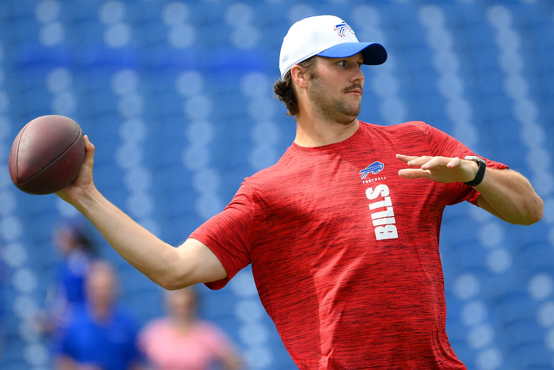 ORCHARD PARK, NEW YORK - AUGUST 10: Josh Allen #17 of the Buffalo Bills passes the ball prior to a preseason game against the Chicago Bears at Highmark Stadium on August 10, 2024 in Orchard Park, New York. (Photo by Rich Barnes/Getty Images)