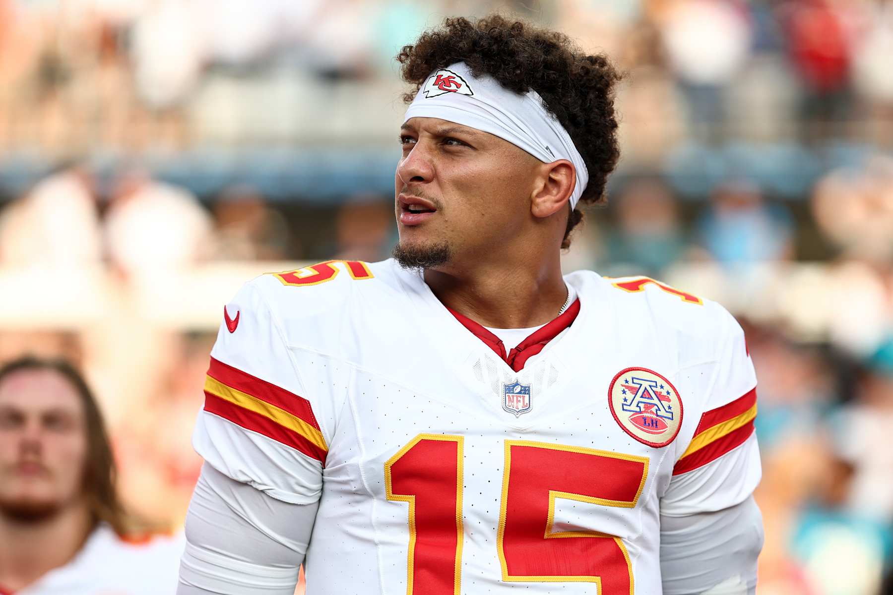 JACKSONVILLE, FL - AUGUST 10: Patrick Mahomes #15 of the Kansas City Chiefs stands on the sidelines during the national anthem prior to an NFL preseason football game against the Jacksonville Jaguars at EverBank Stadium on August 10, 2024 in Jacksonville, Florida. (Photo by Kevin Sabitus/Getty Images)