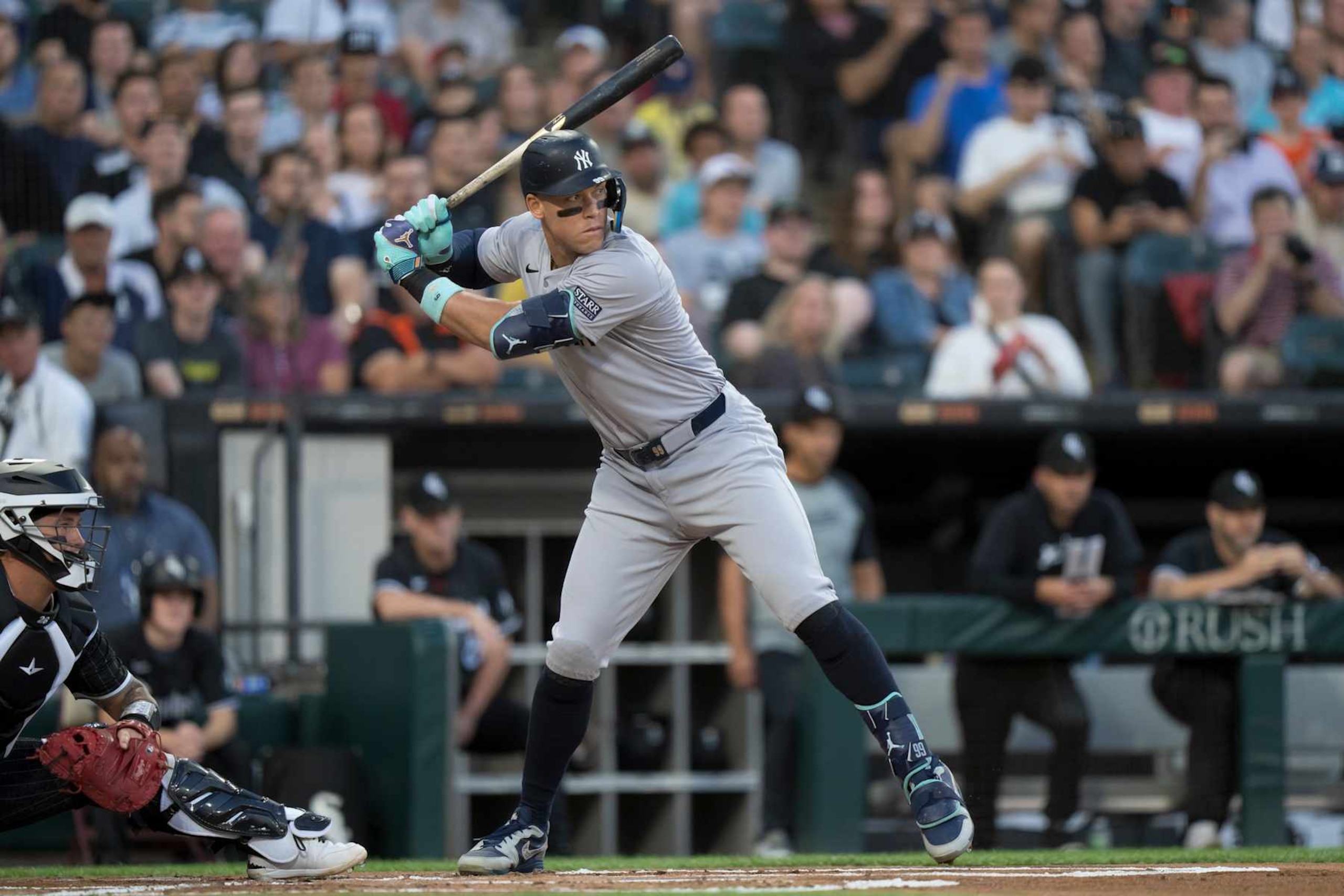 CHICAGO, ILLINOIS - AUGUST 12: Aaron Judge of the New York Yankees hits an RBI double in a game against the Chicago White Sox at Guaranteed Rate Field on August 12, 2024 in Chicago, Illinois. (Photo by Matt Dirksen/Getty Images)