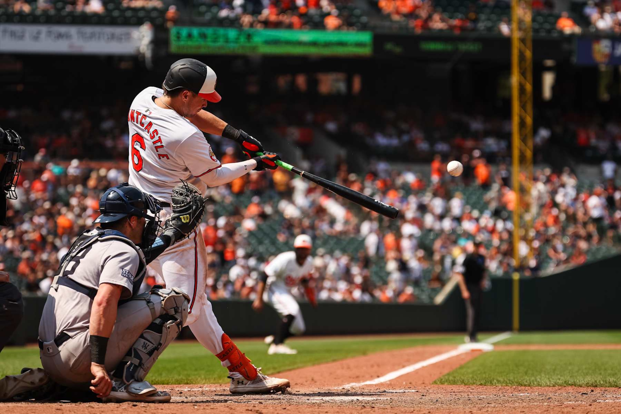 BALTIMORE, MD - JULY 14: Ryan Mountcastle #6 of the Baltimore Orioles breaks his bat against the New York Yankees during the ninth inning at Oriole Park at Camden Yards on July 14, 2024 in Baltimore, Maryland. (Photo by Scott Taetsch/Getty Images)