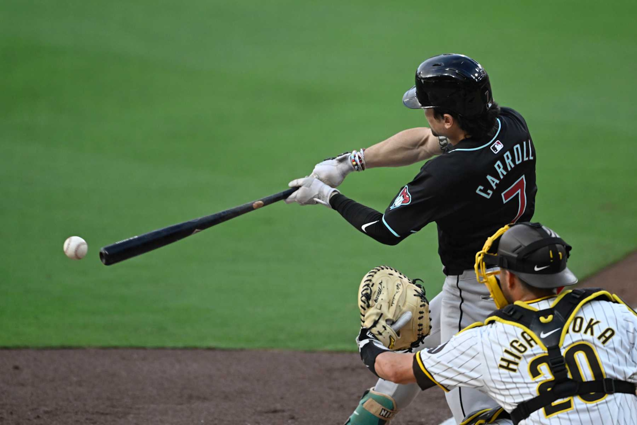 SAN DIEGO, CA - JULY 6: Corbin Carroll #7 of the Arizona Diamondbacks bats during a baseball game against the San Diego Padres at Petco Park on July 6, 2024 in San Diego, California. (Photo by Denis Poroy/Getty Images)