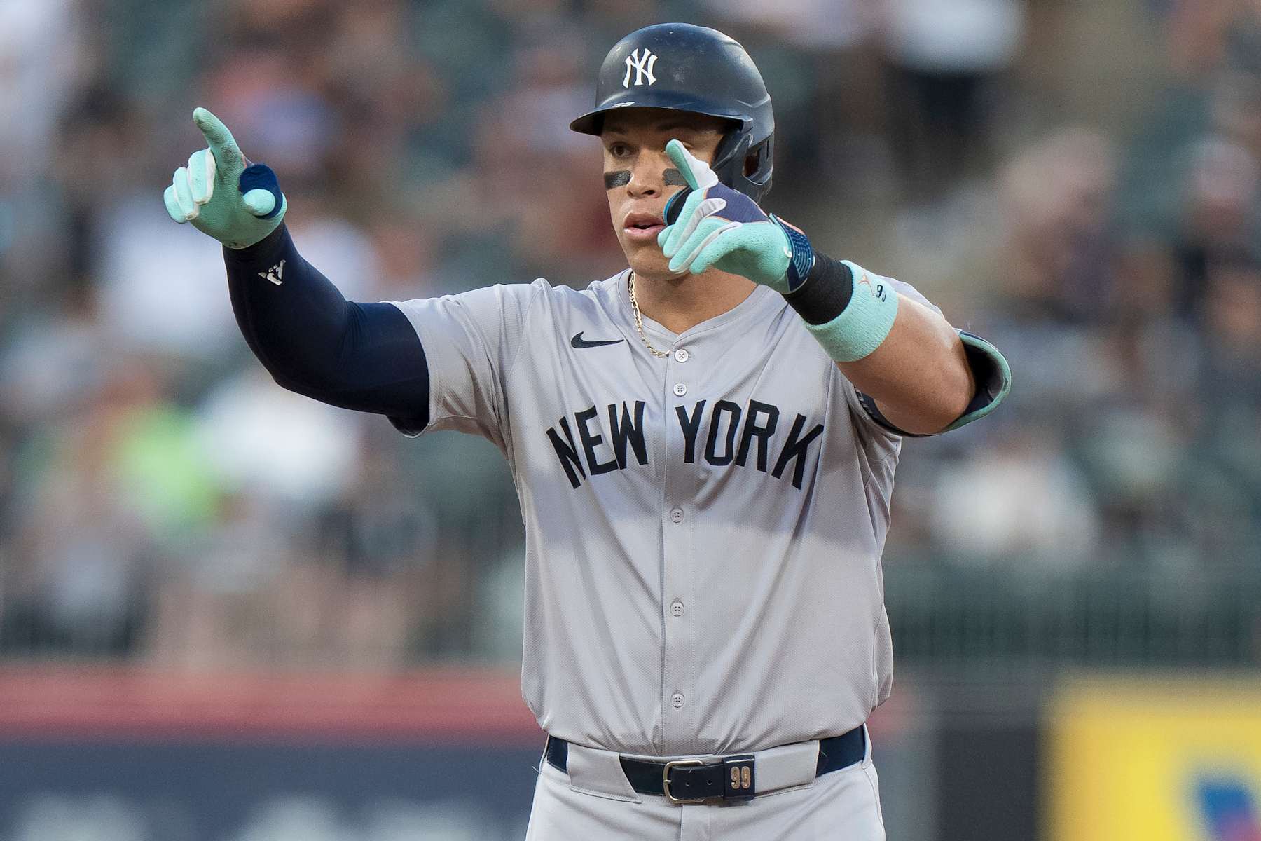 CHICAGO, ILLINOIS - AUGUST 12: Aaron Judge of the New York Yankees hits an RBI double in a game against the Chicago White Sox at Guaranteed Rate Field on August 12, 2024 in Chicago, Illinois. (Photo by Matt Dirksen/Getty Images)
