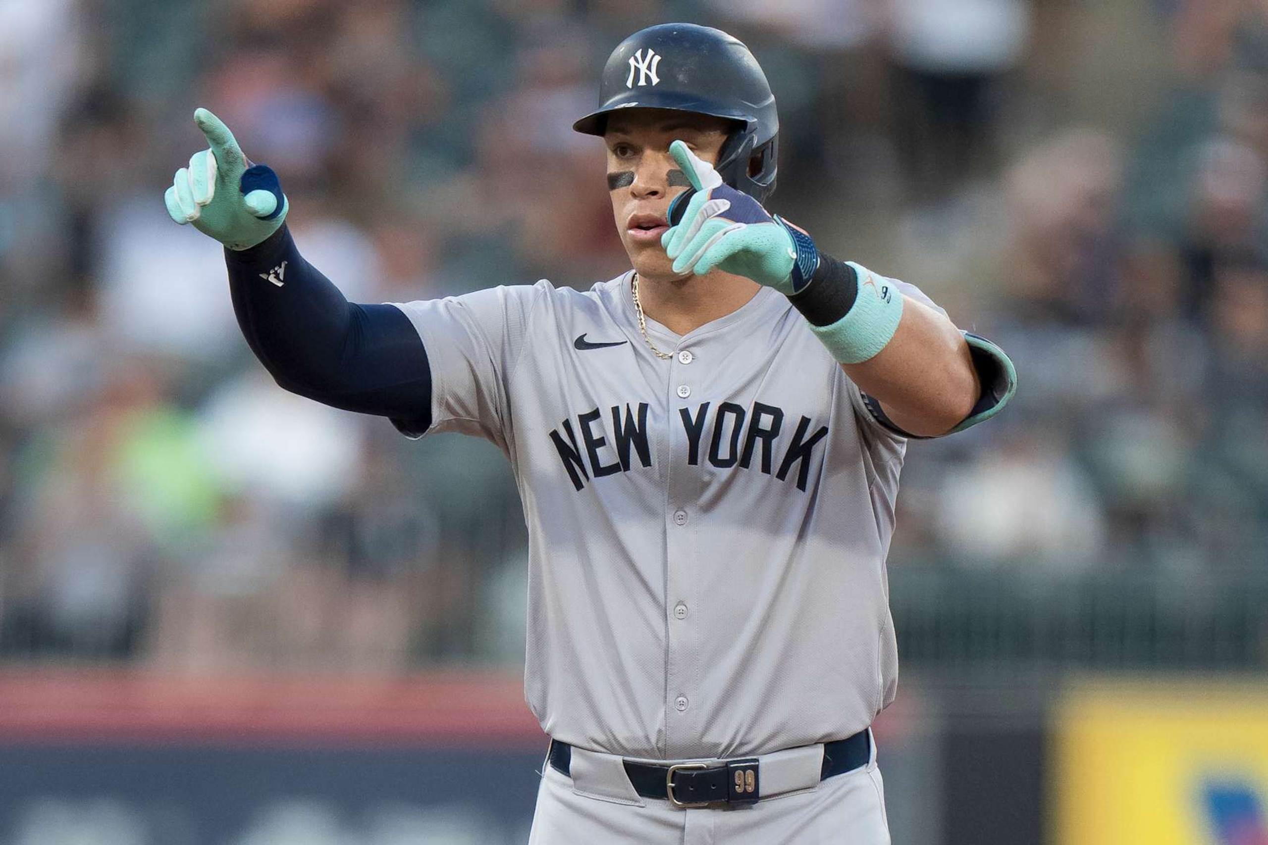 CHICAGO, ILLINOIS - AUGUST 12: Aaron Judge of the New York Yankees hits an RBI double in a game against the Chicago White Sox at Guaranteed Rate Field on August 12, 2024 in Chicago, Illinois. (Photo by Matt Dirksen/Getty Images)
