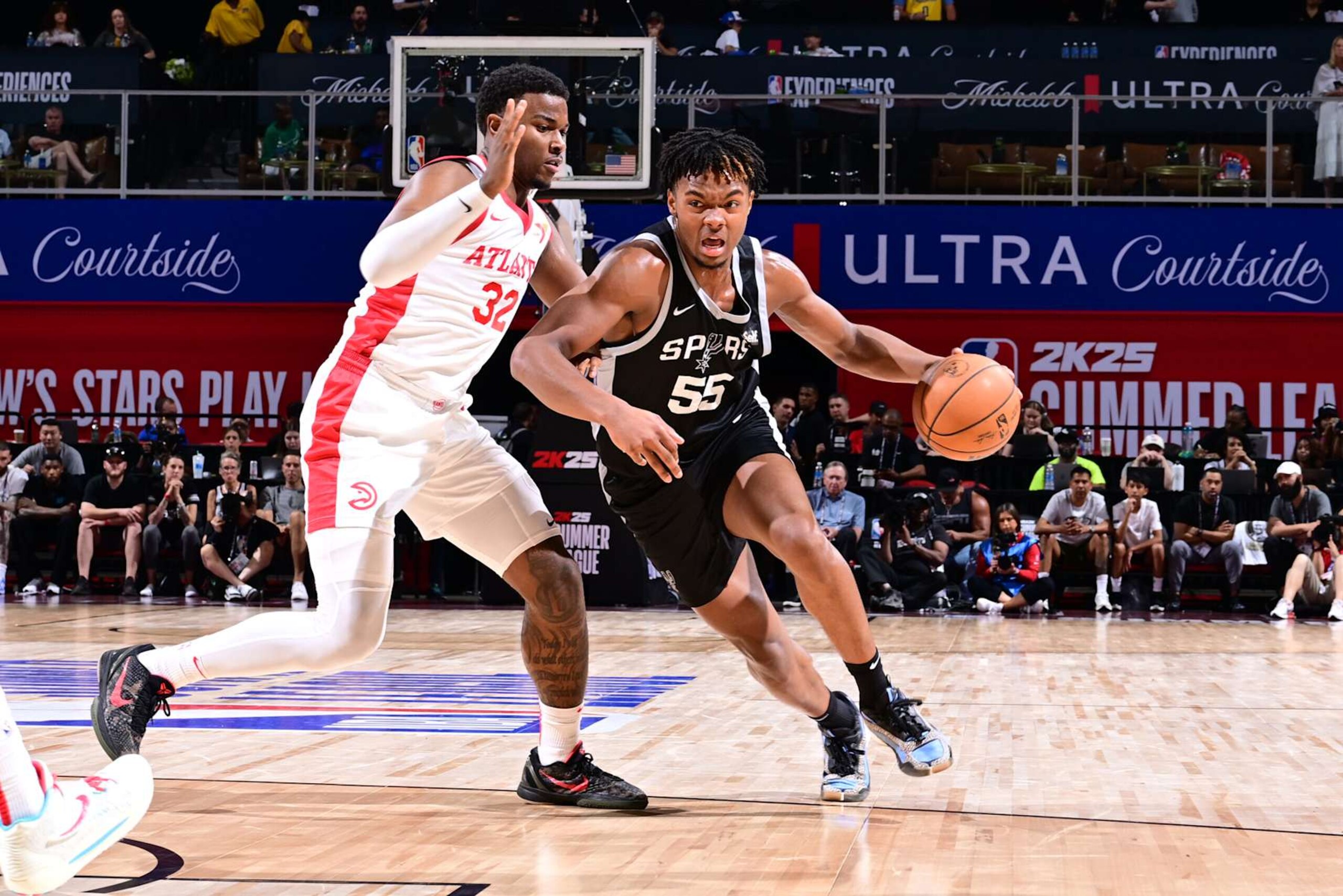 LAS VEGAS, NV - JULY 14: Harrison Ingram #55 of the San Antonio Spurs drives to the basket during the game against the Atlanta Hawks on July 14, 2024 at the Thomas & Mack Center in Las Vegas, Nevada. NOTE TO USER: User expressly acknowledges and agrees that, by downloading and or using this photograph, User is consenting to the terms and conditions of the Getty Images License Agreement. Mandatory Copyright Notice: Copyright 2024 NBAE (Photo by Adam Hagy/NBAE via Getty Images) LAS VEGAS, NV - JULY 14: Harrison Ingram #55 of the San Antonio Spurs drives to the basket during the game against the Atlanta Hawks on July 14, 2024 at the Thomas & Mack Center in Las Vegas, Nevada. NOTE TO USER: User expressly acknowledges and agrees that, by downloading and or using this photograph, User is consenting to the terms and conditions of the Getty Images License Agreement. Mandatory Copyright Notice: Copyright 2024 NBAE (Photo by Adam Hagy/NBAE via Getty Images)