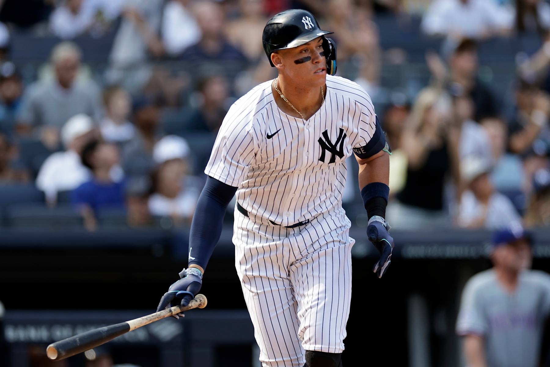 NEW YORK, NY - AUGUST 11: Aaron Judge #99 of the New York Yankees hits a home run during the seventh inning against the Texas Rangers  at Yankee Stadium on August 11, 2024 in New York City. (Photo by Adam Hunger/Getty Images)