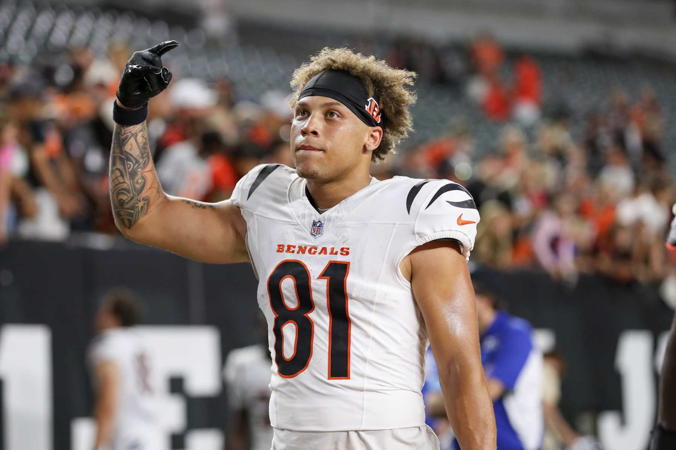 CINCINNATI, OH - AUGUST 10: Cincinnati Bengals wide receiver Jermaine Burton (81) walks off the field after the preseason game against the against the Tampa Bay Buccaneers and the Cincinnati Bengals on August 10, 2024, at Paycor Stadium in Cincinnati, OH. (Photo by Ian Johnson/Icon Sportswire via Getty Images)
