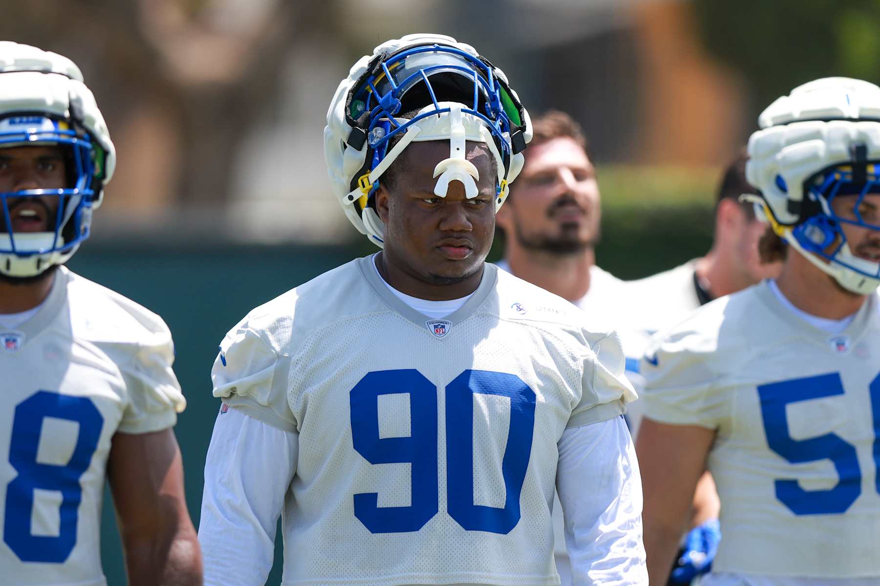LOS ANGELES, CA - JULY 27: Los Angeles Rams defensive tackle Tyler Davis (90) walks on the field during the Los Angeles Rams Training Camp on July 27, 2024, at Loyola Marymount University in Los Angeles, CA. (Photo by Jordon Kelly/Icon Sportswire via Getty Images)