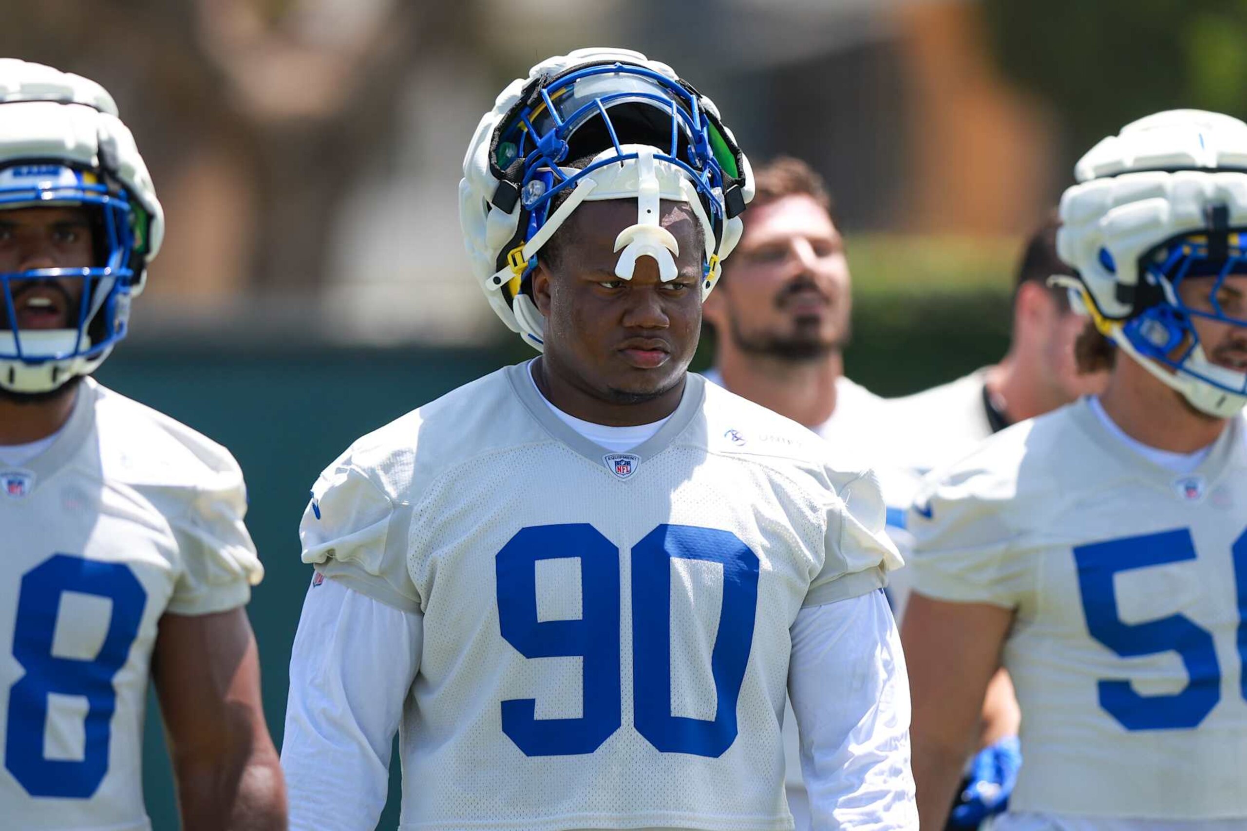 LOS ANGELES, CA - JULY 27: Los Angeles Rams defensive tackle Tyler Davis (90) walks on the field during the Los Angeles Rams Training Camp on July 27, 2024, at Loyola Marymount University in Los Angeles, CA. (Photo by Jordon Kelly/Icon Sportswire via Getty Images)