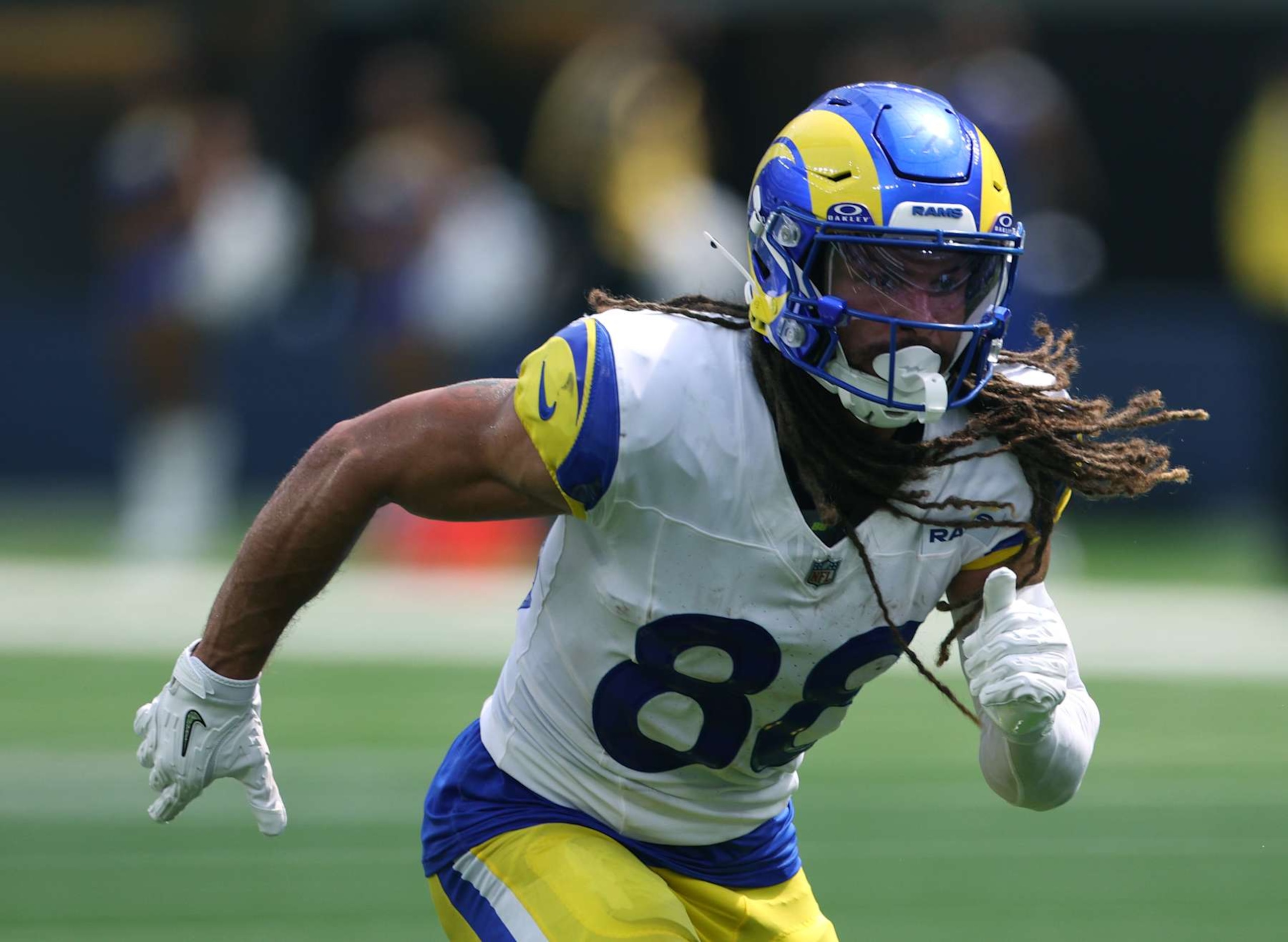 INGLEWOOD, CALIFORNIA - AUGUST 11: Jordan Whittington #88 of the Los Angeles Rams runs a route during a 13-12 win over the Dallas Cowboys in a preseason game at SoFi Stadium on August 11, 2024 in Inglewood, California. (Photo by Harry How/Getty Images)