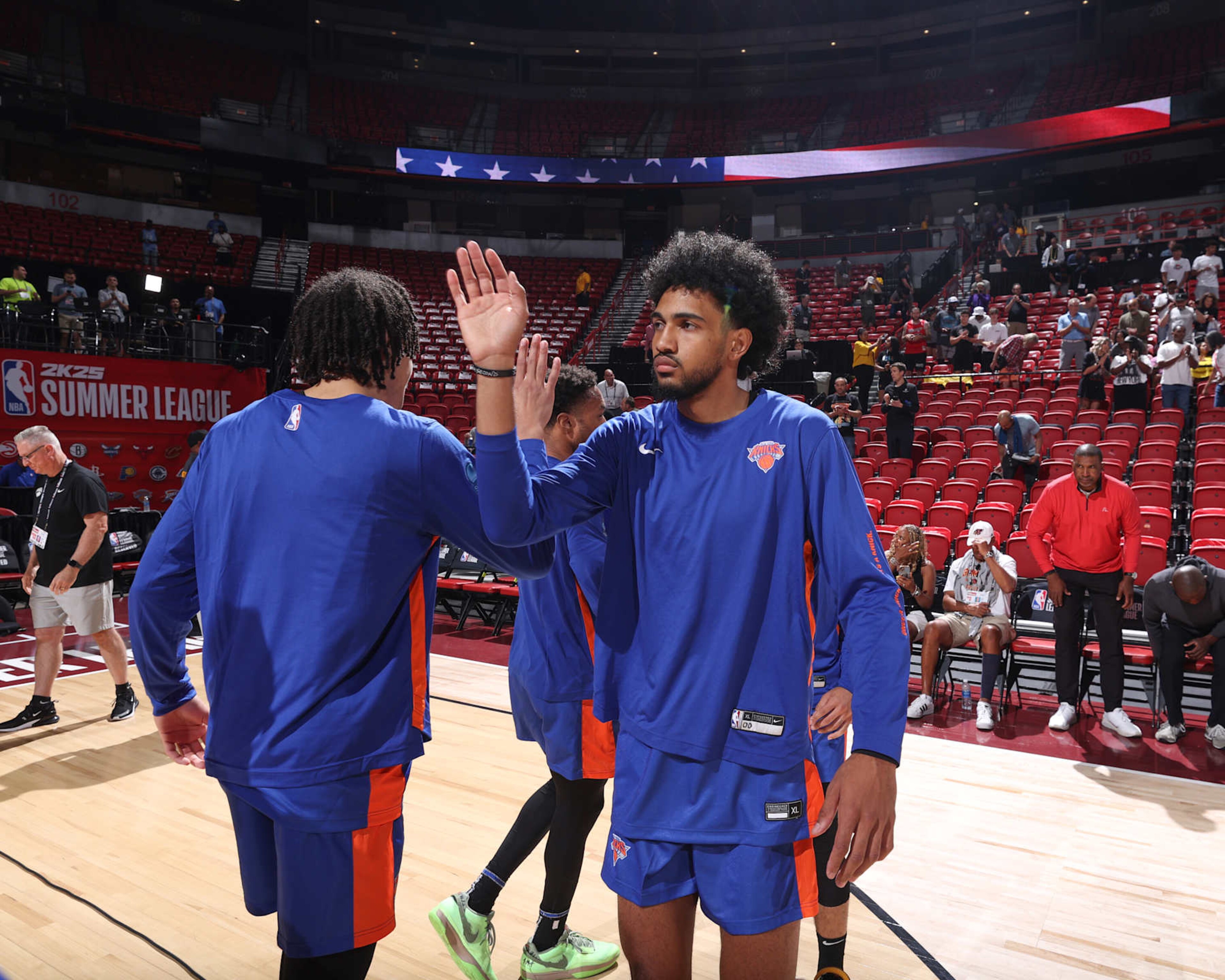LAS VEGAS, NV - JULY 16: Jacob Toppin #00 of the New York Knicks walks on the court before the game on July 16, 2024 at the Thomas & Mack Center in Las Vegas, Nevada. NOTE TO USER: User expressly acknowledges and agrees that, by downloading and or using this photograph, User is consenting to the terms and conditions of the Getty Images License Agreement. Mandatory Copyright Notice: Copyright 2024 NBAE (Photo by Stephen Gosling/NBAE via Getty Images)