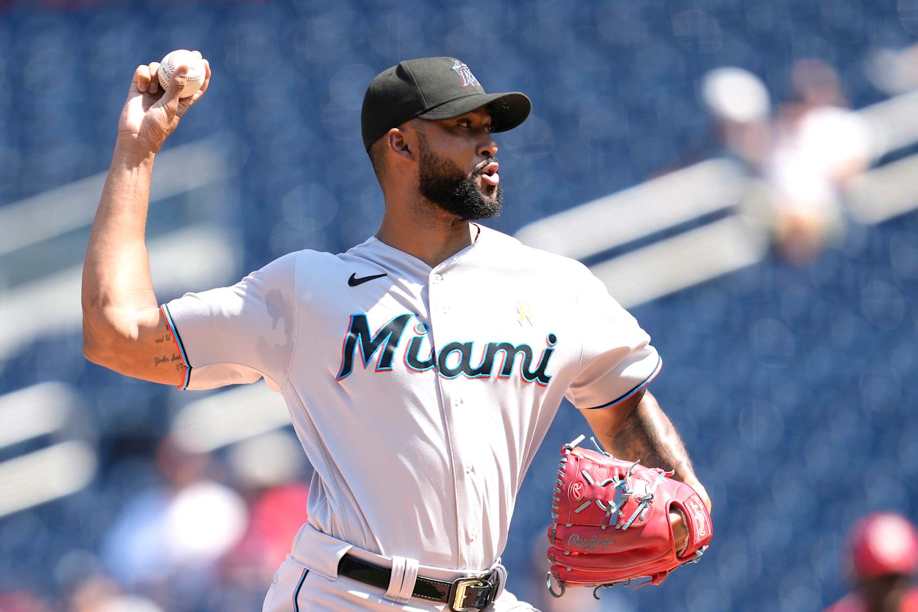 WASHINGTON, DC - SEPTEMBER 03:  Sandy Alcantara #22 of the Miami Marlins pitches in the first inning during a baseball game against the Washington Nationals at Nationals Park on September 3, 2023 in Washington, DC.  (Photo by Mitchell Layton/Getty Images)