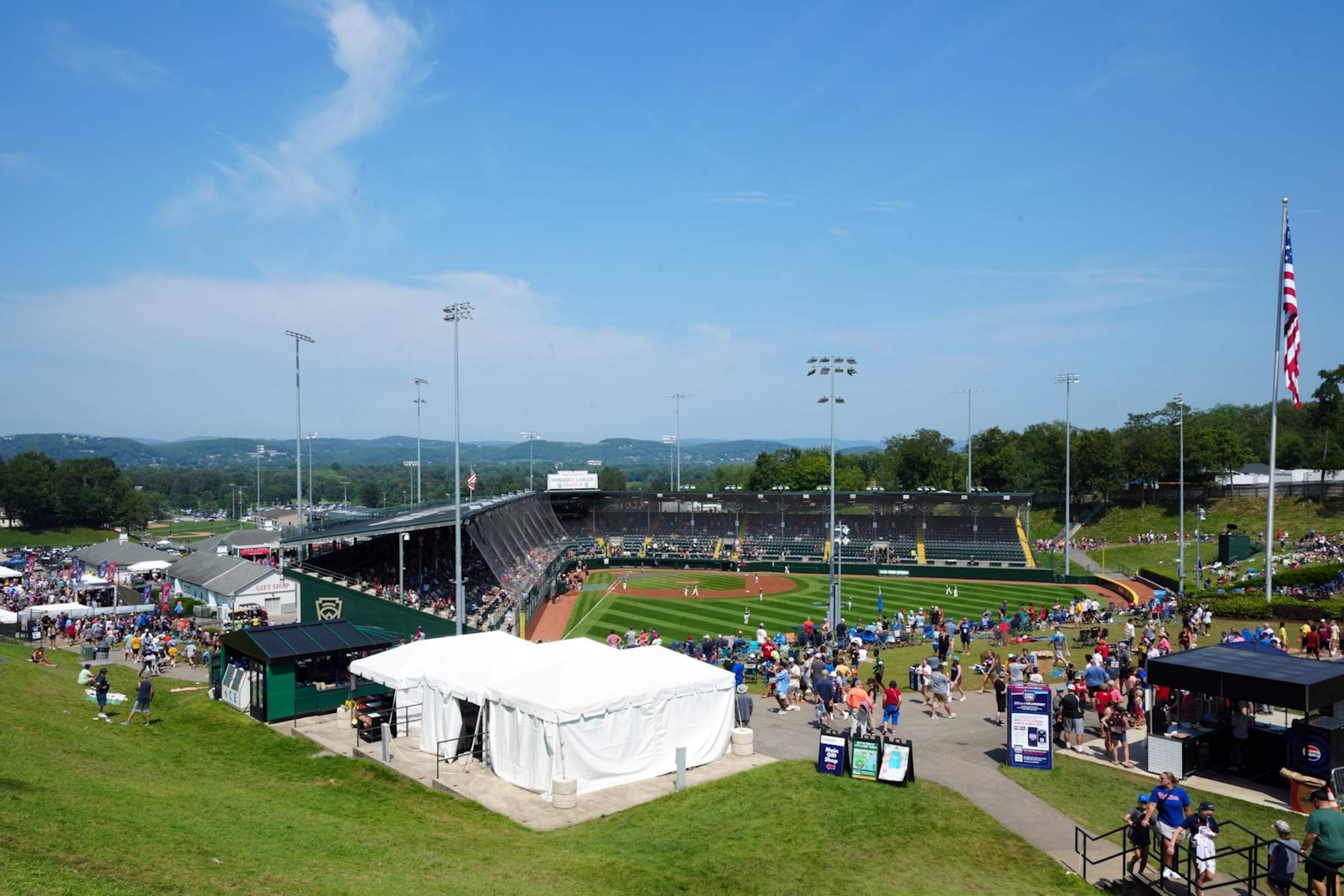 SOUTH WILLIAMSPORT,  - AUGUST 20:  A general view of Lamade Stadium from the hill before the game between the Philadelphia Phillies and the Washington Nationals at Muncy Bank Ballpark at Historic Bowman Field on Sunday, August 20, 2023 in South Williamsport, Pennsylvania. (Photo by Mary DeCicco/MLB Photos via Getty Images)