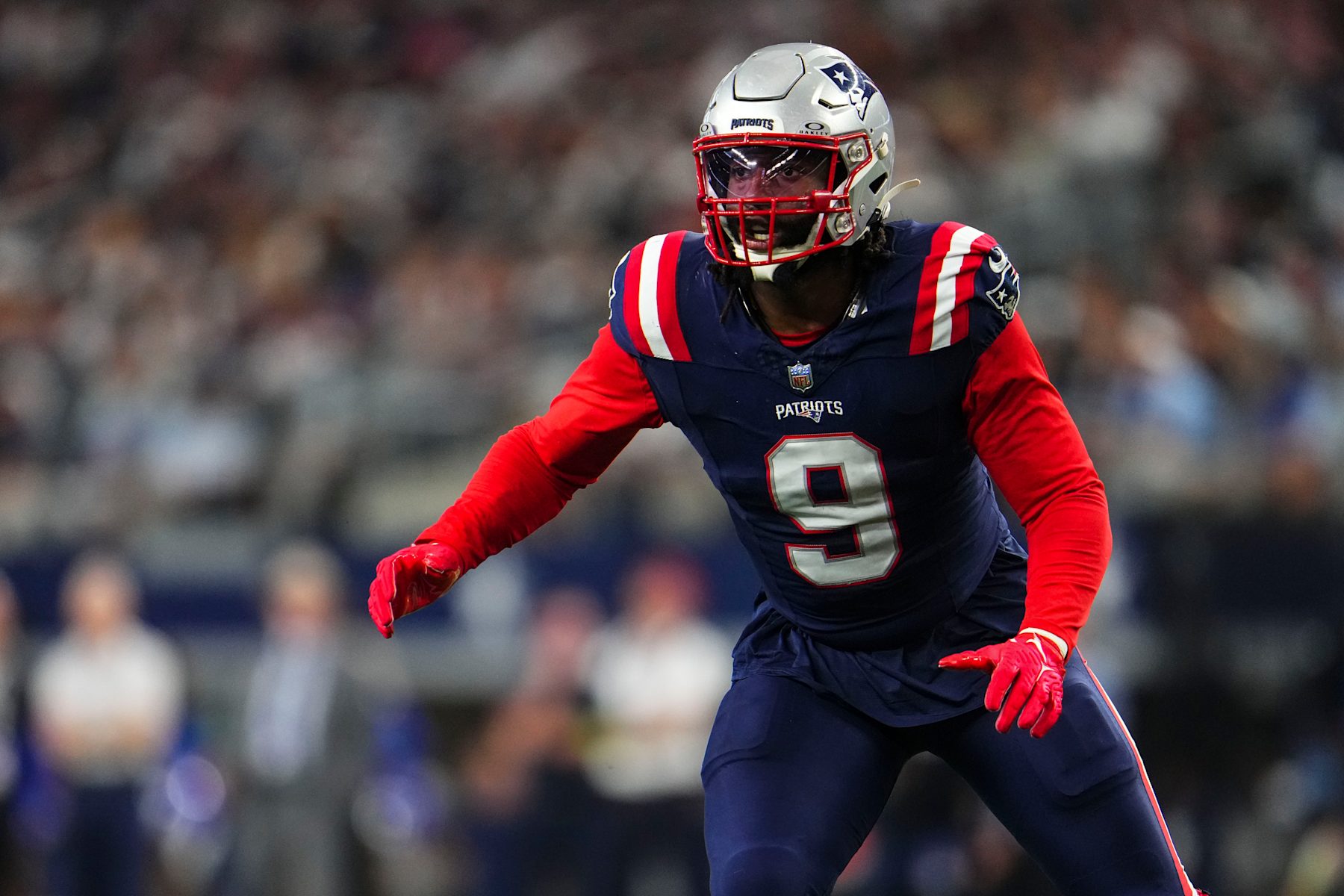 ARLINGTON, TX - OCTOBER 01: Matthew Judon #9 of the New England Patriots defends in coverage at AT&T Stadium on October 1, 2023 in Arlington, Texas. (Photo by Cooper Neill/Getty Images)