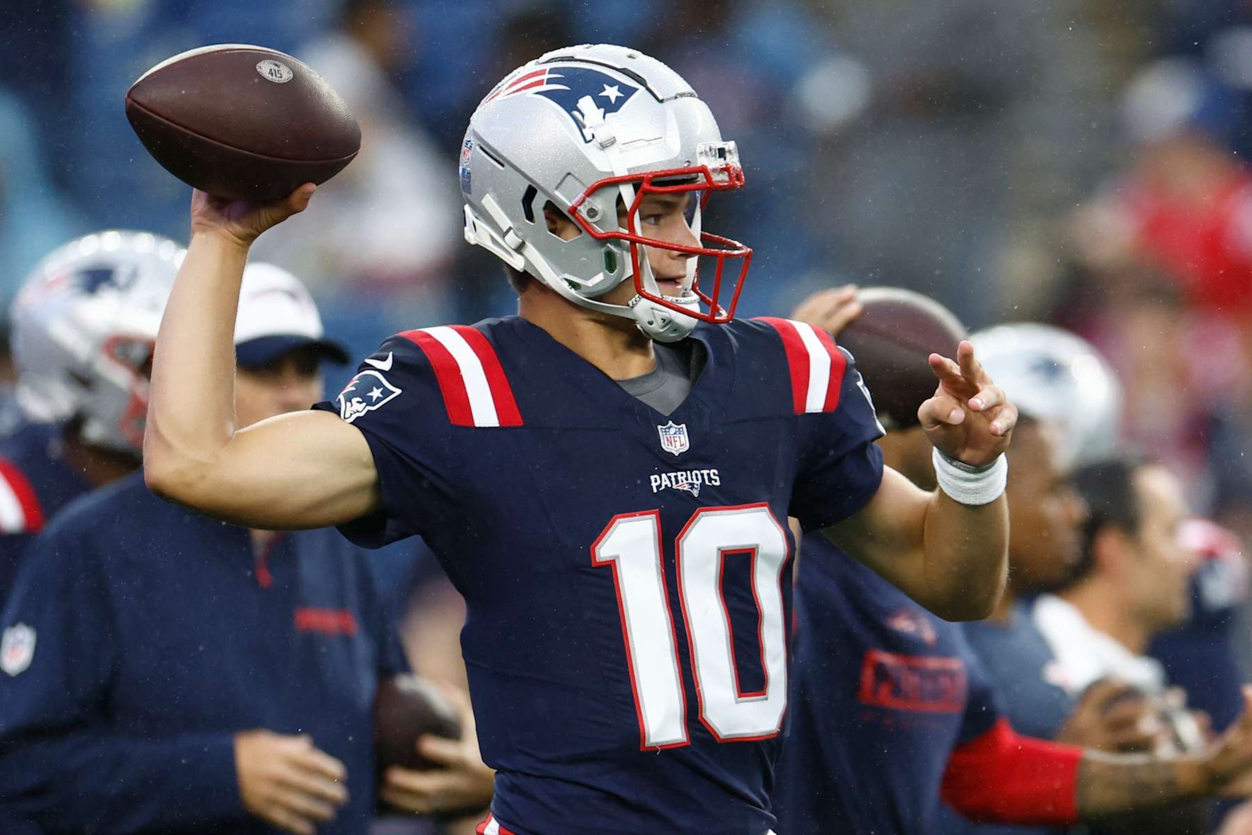 Foxborough, MA - August 8: New England Patriots QB Drake Maye throws during warmups before a preseason game at Gillette Stadium. (Photo by Danielle Parhizkaran/The Boston Globe via Getty Images)