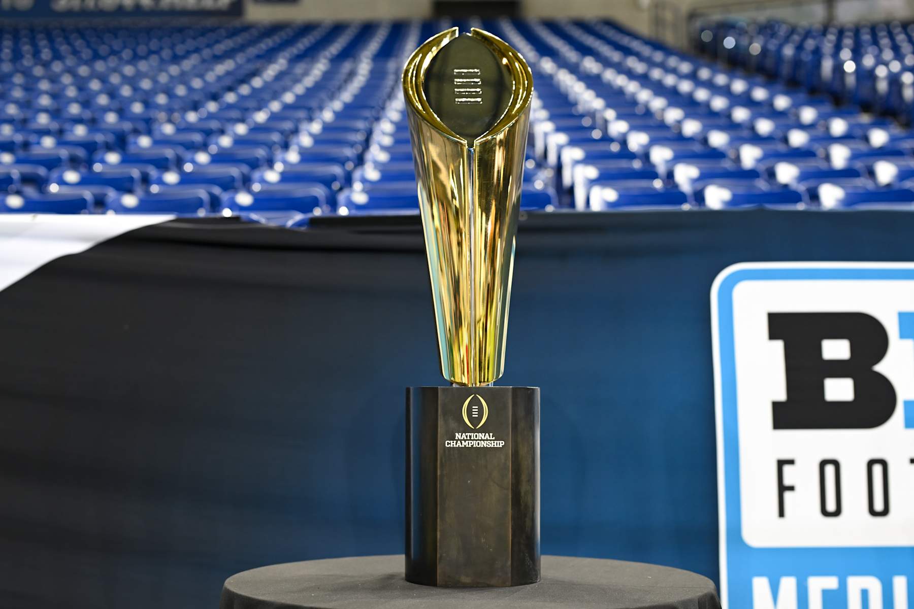 INDIANAPOLIS, IN - JULY 23: The College Football Playoff (CFP) Championship trophy sits on display during the 2024 Big Ten Media Days on July 23, 2024 at Lucas Oil Stadium in Indianapolis, IN. (Photo by James Black/Icon Sportswire via Getty Images)