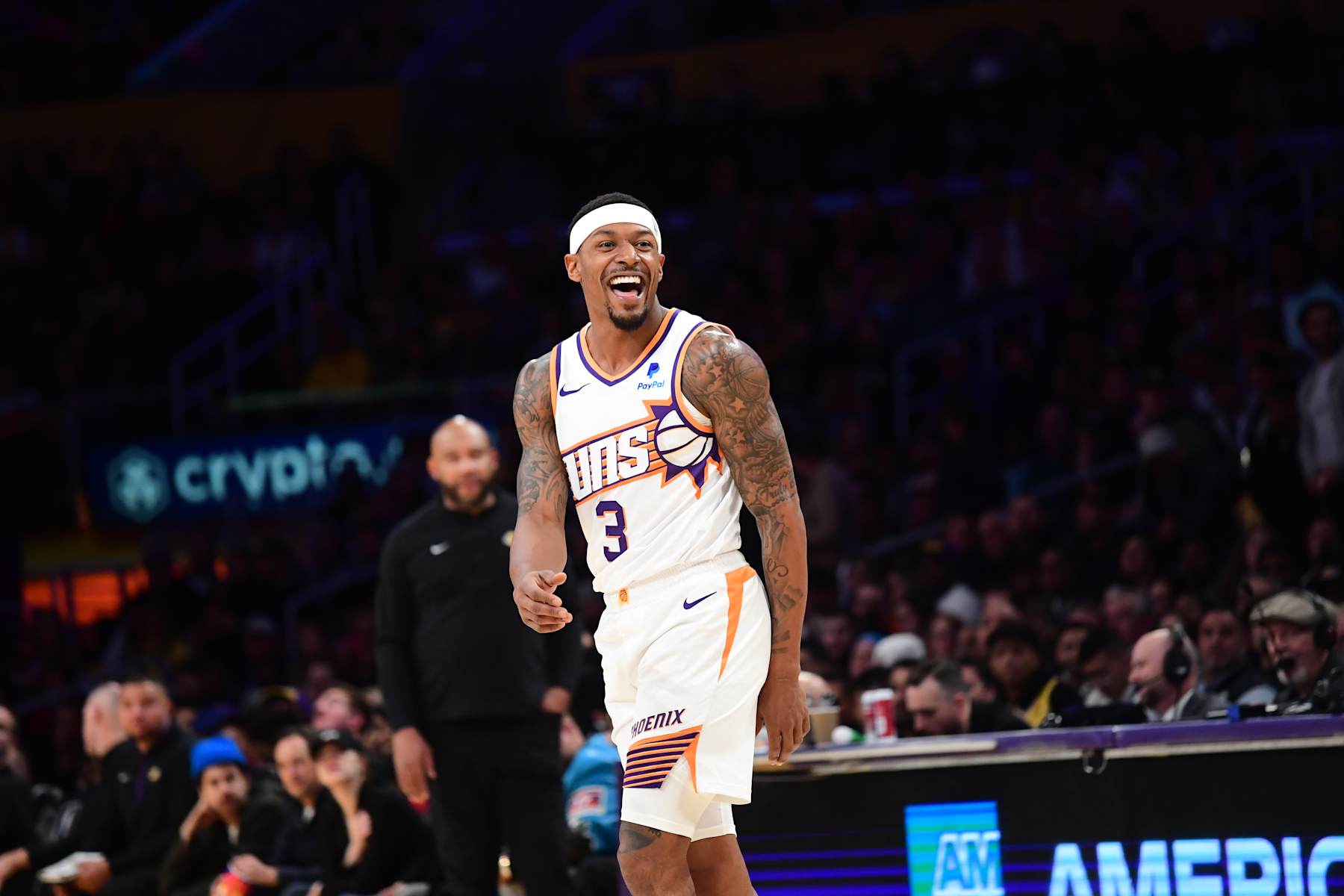 LOS ANGELES, CA - JANUARY 11: Bradley Beal #3 of the Phoenix Suns laughs during the game against the Los Angeles Lakers on January 11, 2024 at Crypto.Com Arena in Los Angeles, California. NOTE TO USER: User expressly acknowledges and agrees that, by downloading and/or using this Photograph, user is consenting to the terms and conditions of the Getty Images License Agreement. Mandatory Copyright Notice: Copyright 2024 NBAE (Photo by Adam Pantozzi/NBAE via Getty Images)