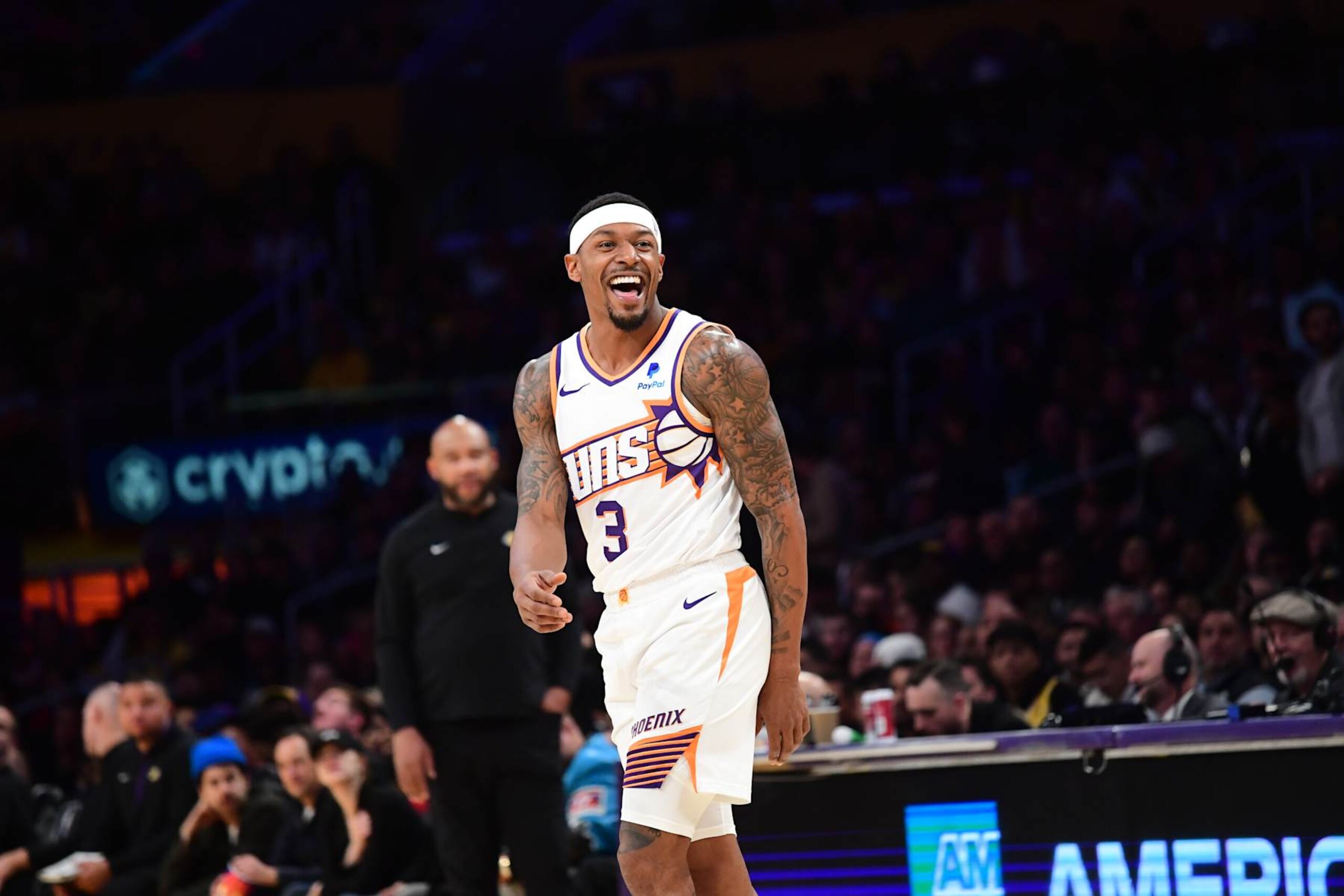 LOS ANGELES, CA - JANUARY 11: Bradley Beal #3 of the Phoenix Suns laughs during the game against the Los Angeles Lakers on January 11, 2024 at Crypto.Com Arena in Los Angeles, California. NOTE TO USER: User expressly acknowledges and agrees that, by downloading and/or using this Photograph, user is consenting to the terms and conditions of the Getty Images License Agreement. Mandatory Copyright Notice: Copyright 2024 NBAE (Photo by Adam Pantozzi/NBAE via Getty Images)