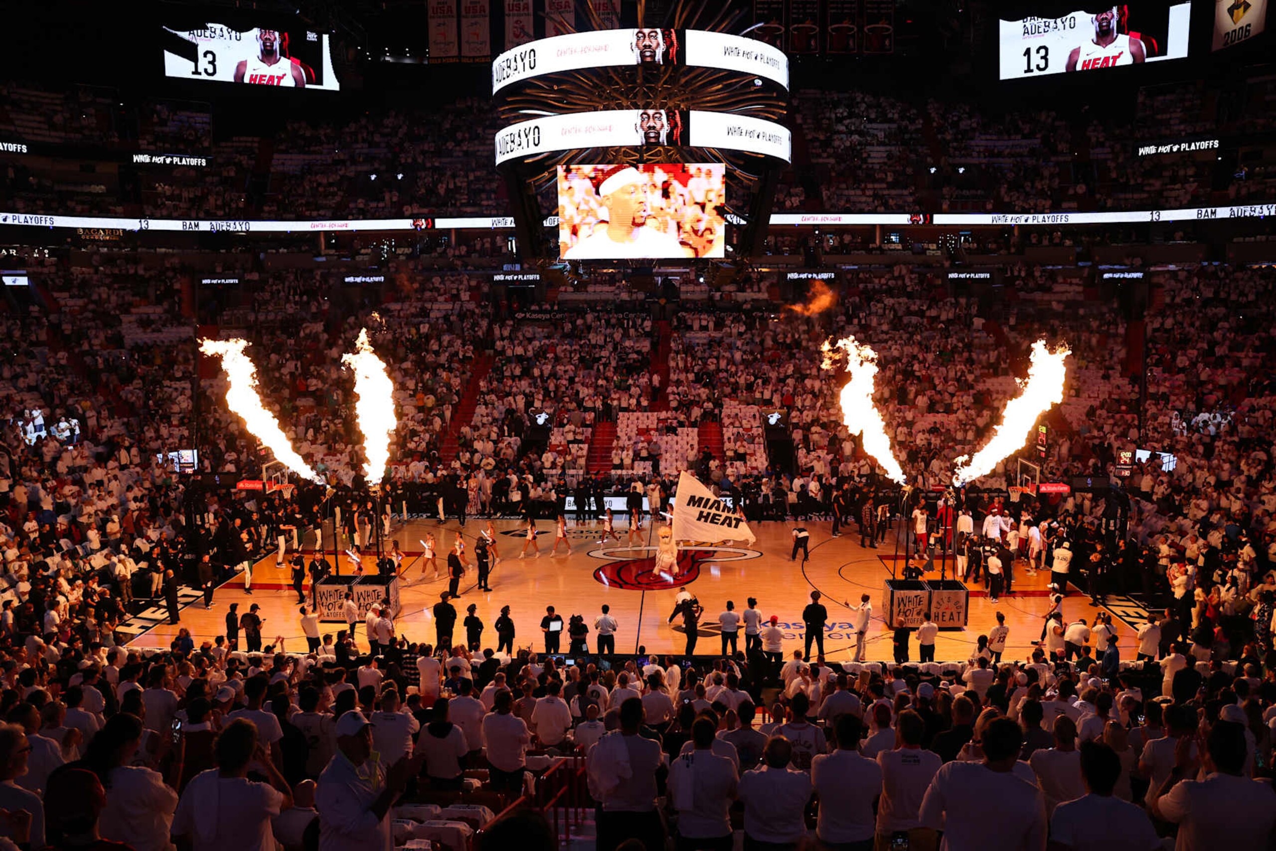 MIAMI, FLORIDA - APRIL 29: A general view prior to the start of game four of the Eastern Conference First Round Playoffs between the Boston Celtics and Miami Heat at Kaseya Center on April 29, 2024 in Miami, Florida. NOTE TO USER: User expressly acknowledges and agrees that, by downloading and or using this photograph, User is consenting to the terms and conditions of the Getty Images License Agreement. (Photo by Megan Briggs/Getty Images) MIAMI, FLORIDA - APRIL 29: A general view prior to the start of game four of the Eastern Conference First Round Playoffs between the Boston Celtics and Miami Heat at Kaseya Center on April 29, 2024 in Miami, Florida. NOTE TO USER: User expressly acknowledges and agrees that, by downloading and or using this photograph, User is consenting to the terms and conditions of the Getty Images License Agreement. (Photo by Megan Briggs/Getty Images)