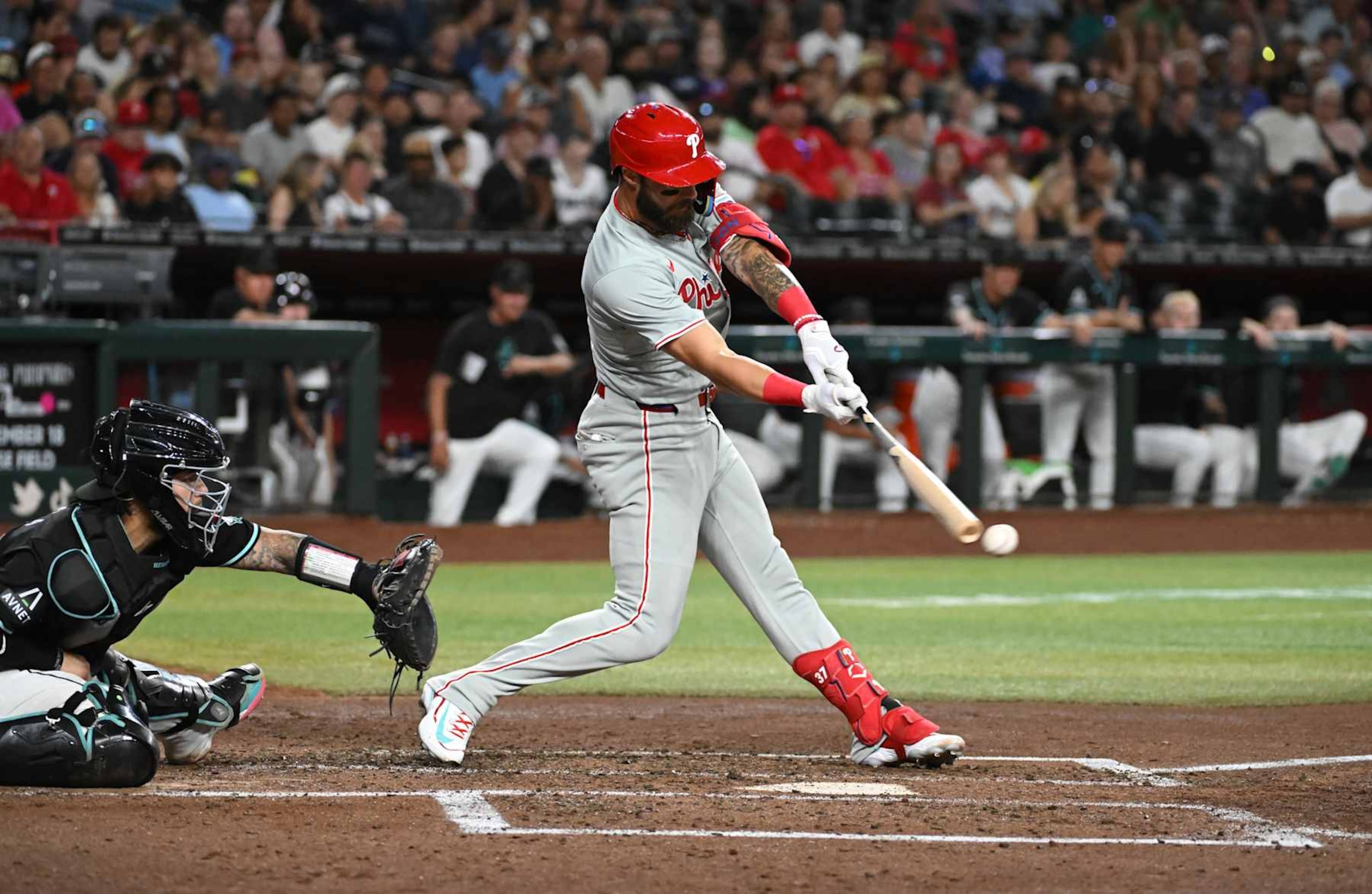 PHOENIX, ARIZONA - AUGUST 08: Weston Wilson #37 of the Philadelphia Phillies hits the ball against the Arizona Diamondbacks at Chase Field on August 08, 2024 in Phoenix, Arizona. (Photo by Norm Hall/Getty Images)