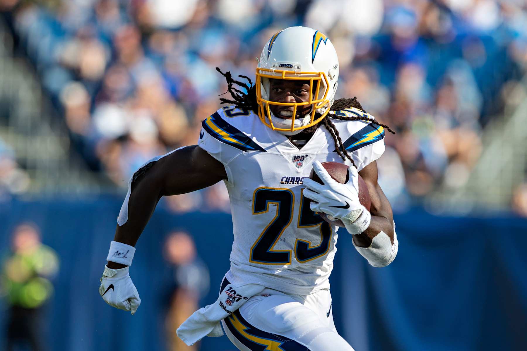 NASHVILLE, TN - OCTOBER 20:  Melvin Gordon III #25 of the Los Angeles Chargers runs the ball during a game against the Tennessee Titans at Nissan Stadium on October 20, 2019 in Nashville, Tennessee.  The Titans defeated the Chargers 23-20. (Photo by Wesley Hitt/Getty Images)