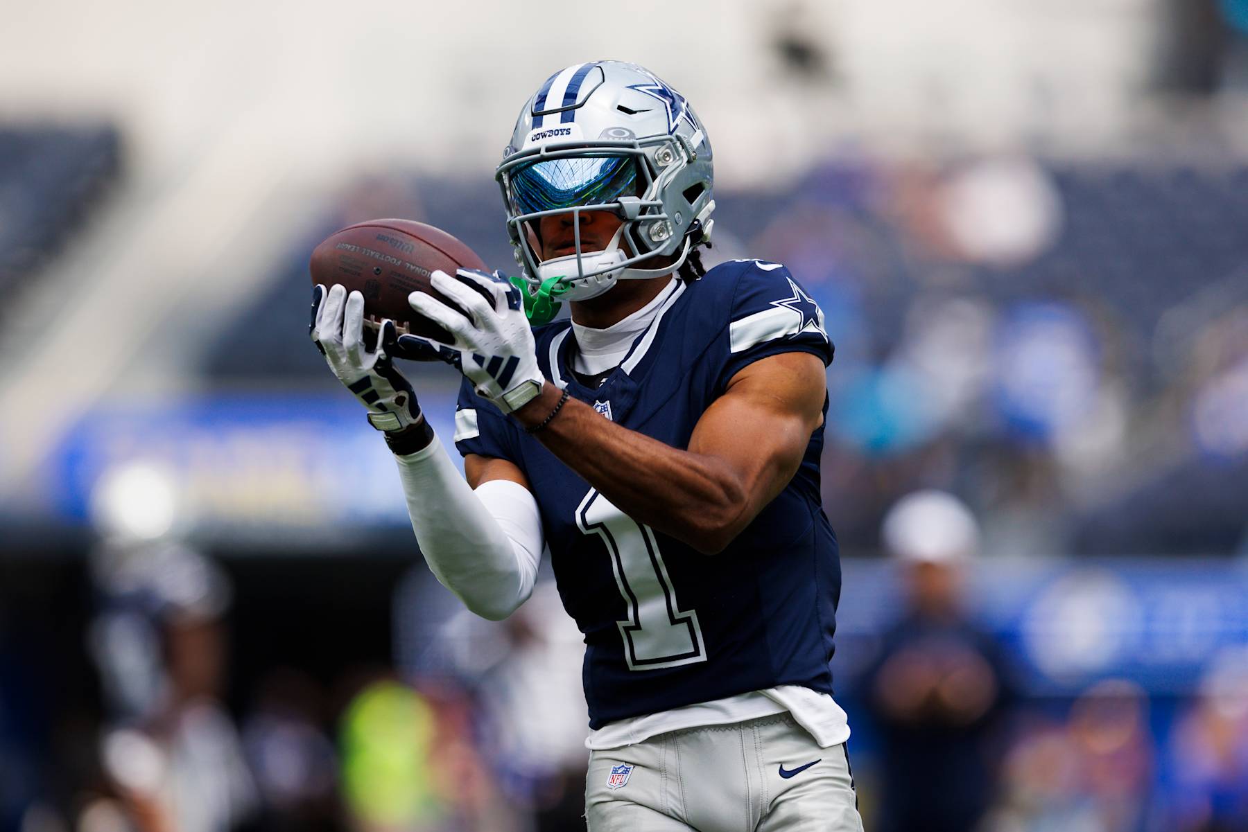 INGLEWOOD, CALIFORNIA - AUGUST 11: Jalen Tolbert #1 of the Dallas Cowboys catches the ball during a preseason game against the Los Angeles Rams at SoFi Stadium on August 11, 2024 in Inglewood, California. (Photo by Ric Tapia/Getty Images)
