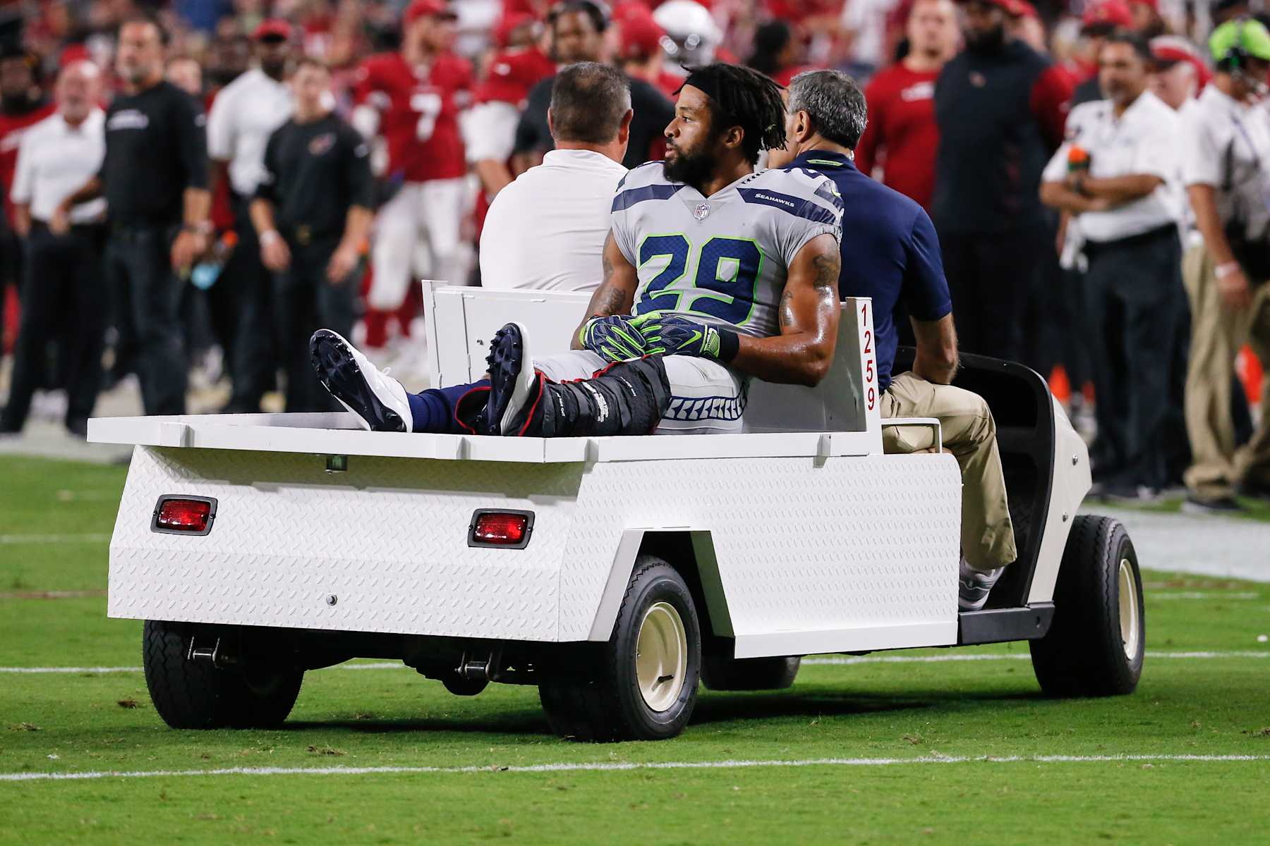 GLENDALE, AZ - SEPTEMBER 30:  Seattle Seahawks defensive back Earl Thomas (29) is carted off the field after being injured during the NFL football game between the Seattle Seahawks and the Arizona Cardinals on September 30, 2018 at State Farm Stadium in Glendale, Arizona. (Photo by Kevin Abele/Icon Sportswire via Getty Images)