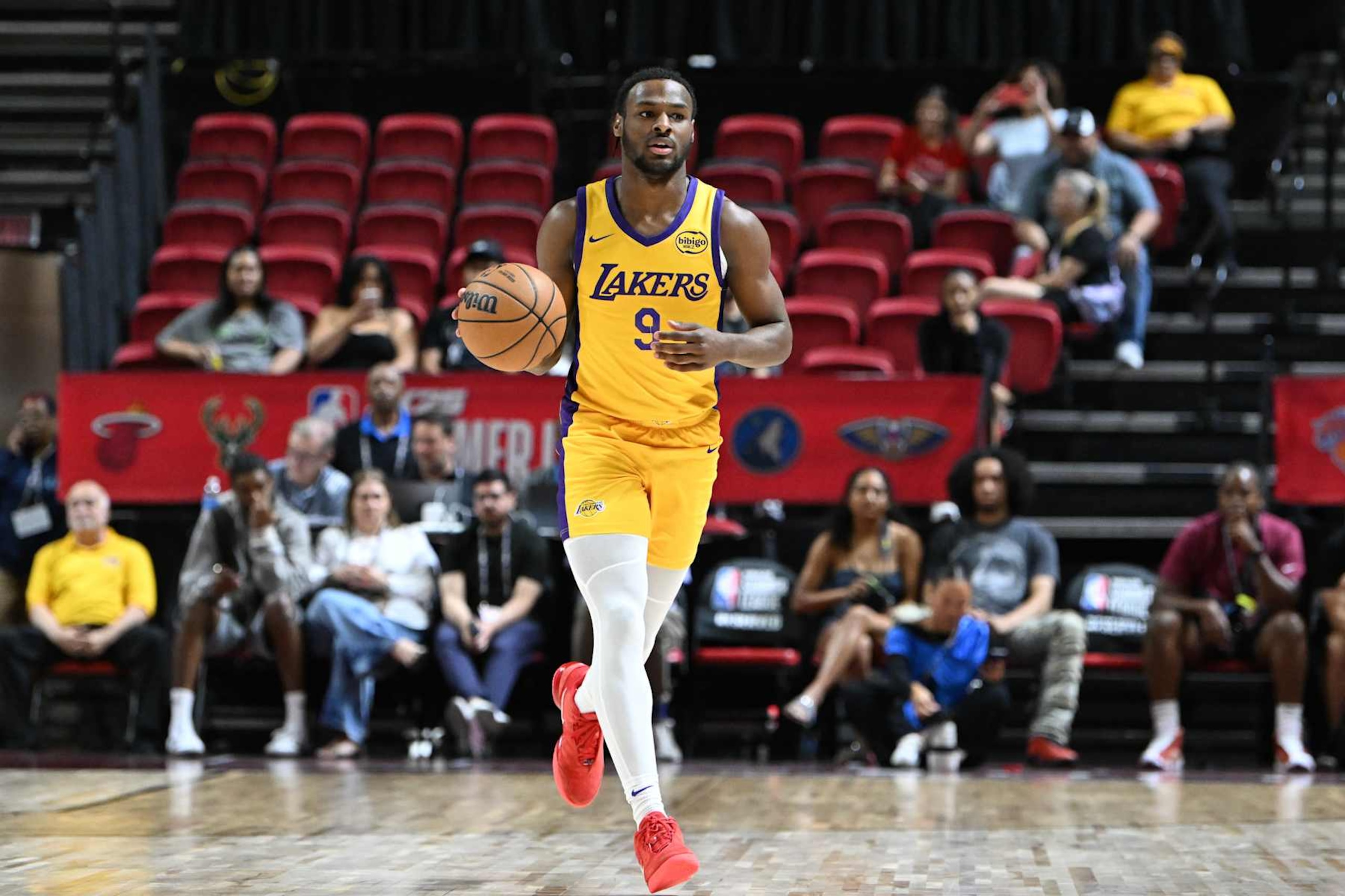LAS VEGAS, NEVADA - JULY 18: Bronny James Jr. #9 of the Los Angeles Lakers dribbles the ball up the court against the Cleveland Cavaliers in the first half of a 2024 NBA Summer League game at the Thomas & Mack Center on July 18, 2024 in Las Vegas, Nevada. The Lakers defeated the Cavaliers 93-89. NOTE TO USER: User expressly acknowledges and agrees that, by downloading and or using this photograph, User is consenting to the terms and conditions of the Getty Images License Agreement. (Photo by Candice Ward/Getty Images)